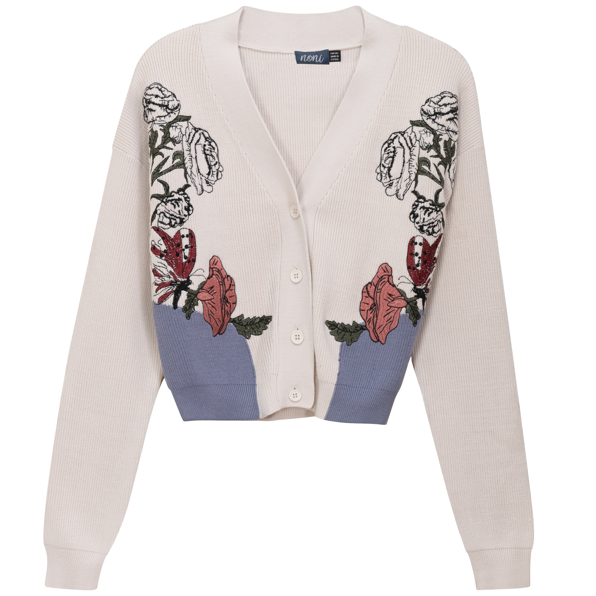 Embroidered Cropped Cardigan in Off White Blue by Noni