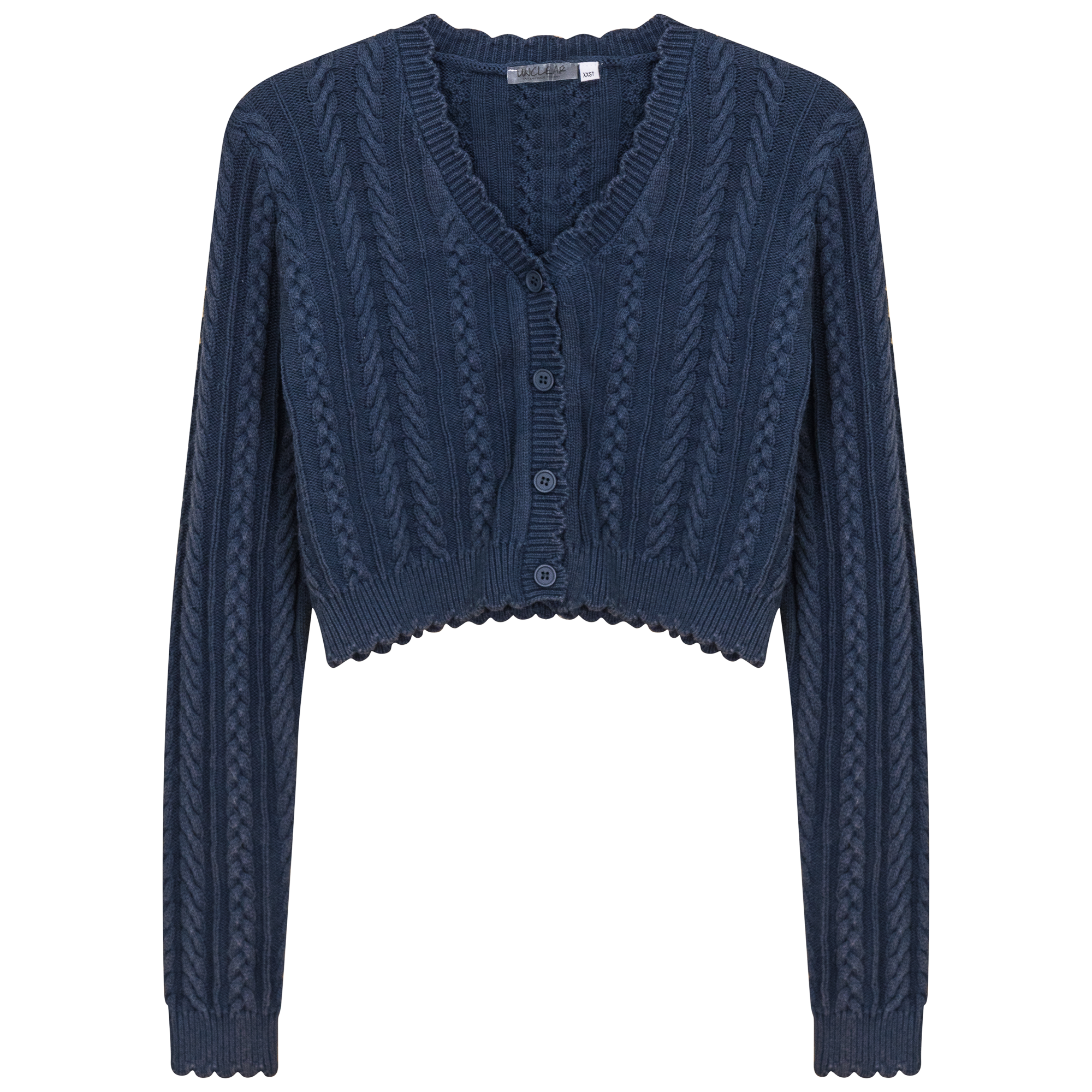 Distressed Braided Knit Cardigan in Distressed Denim by Unclear