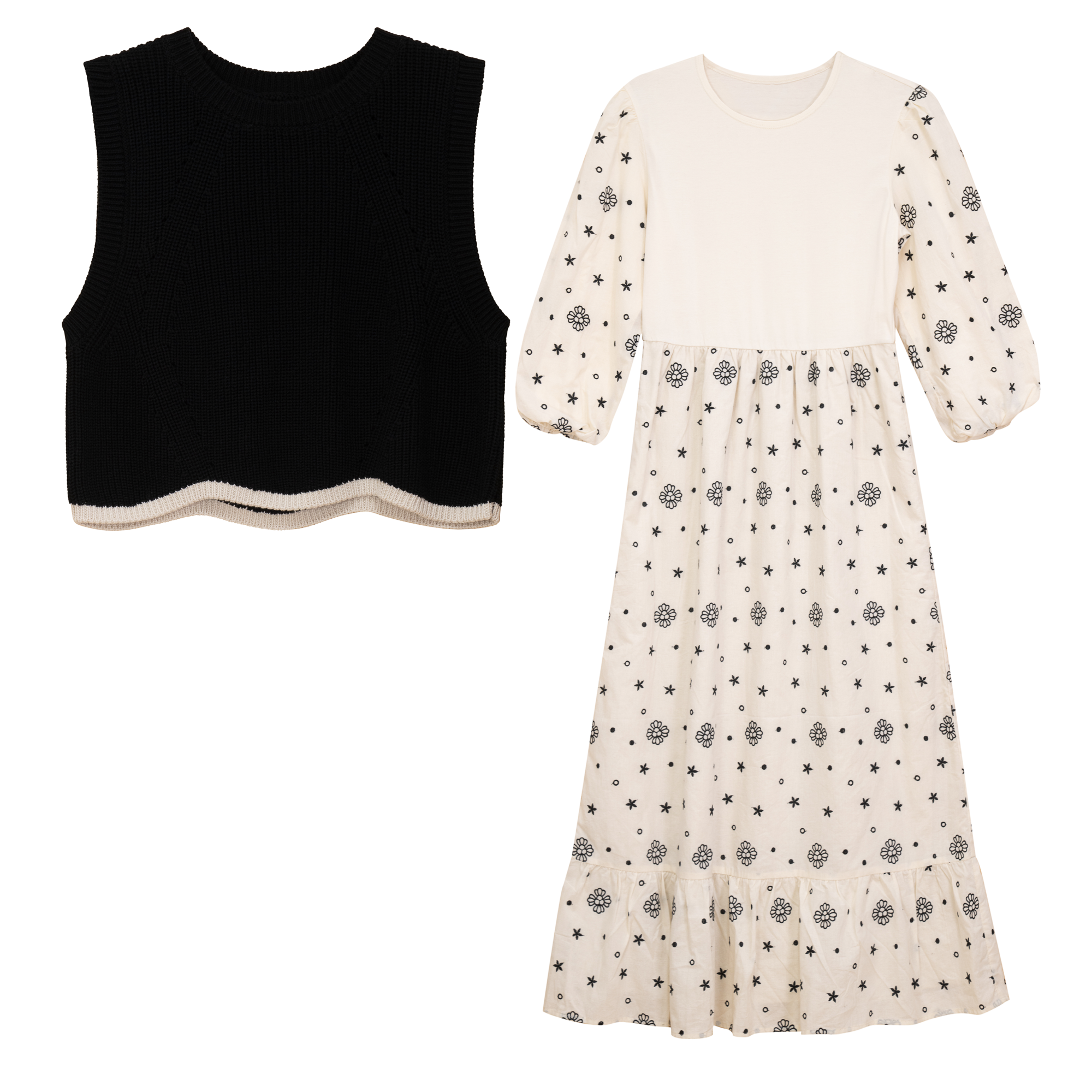 Embroidered Dress with Vest in Cream by Noni