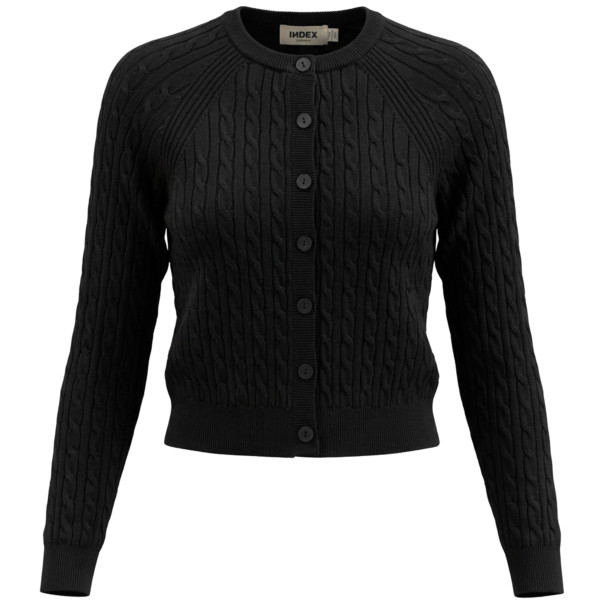 Cropped Cable Knit Cardigan in Black by Index
