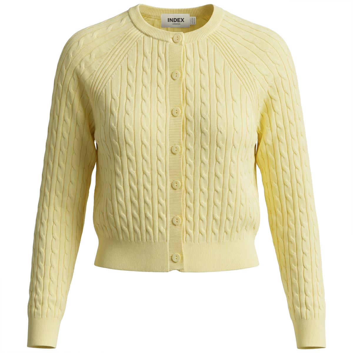 Cropped Cable Knit Cardigan in Pale Yellow by Index