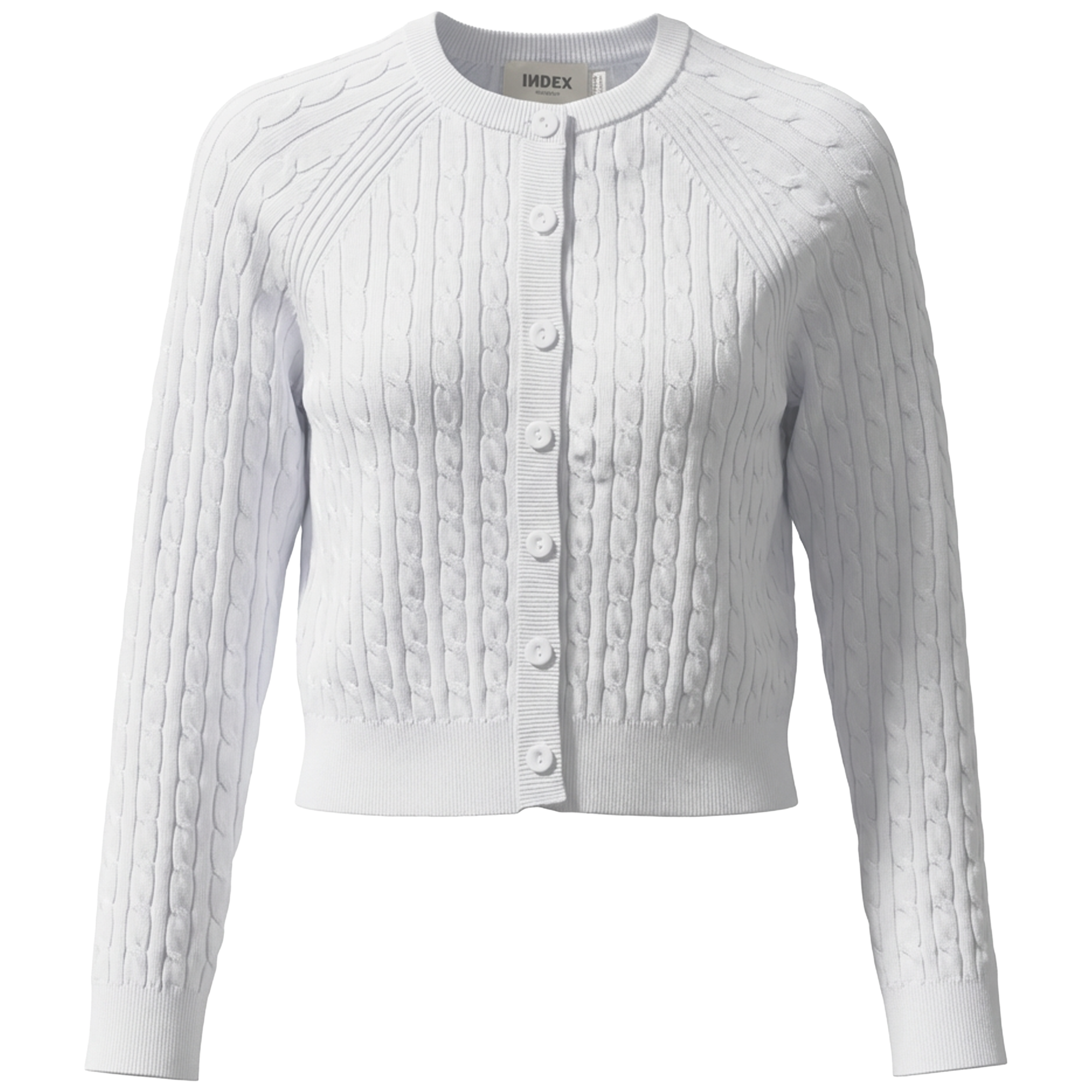 Cropped Cable Knit Cardigan in White by Index