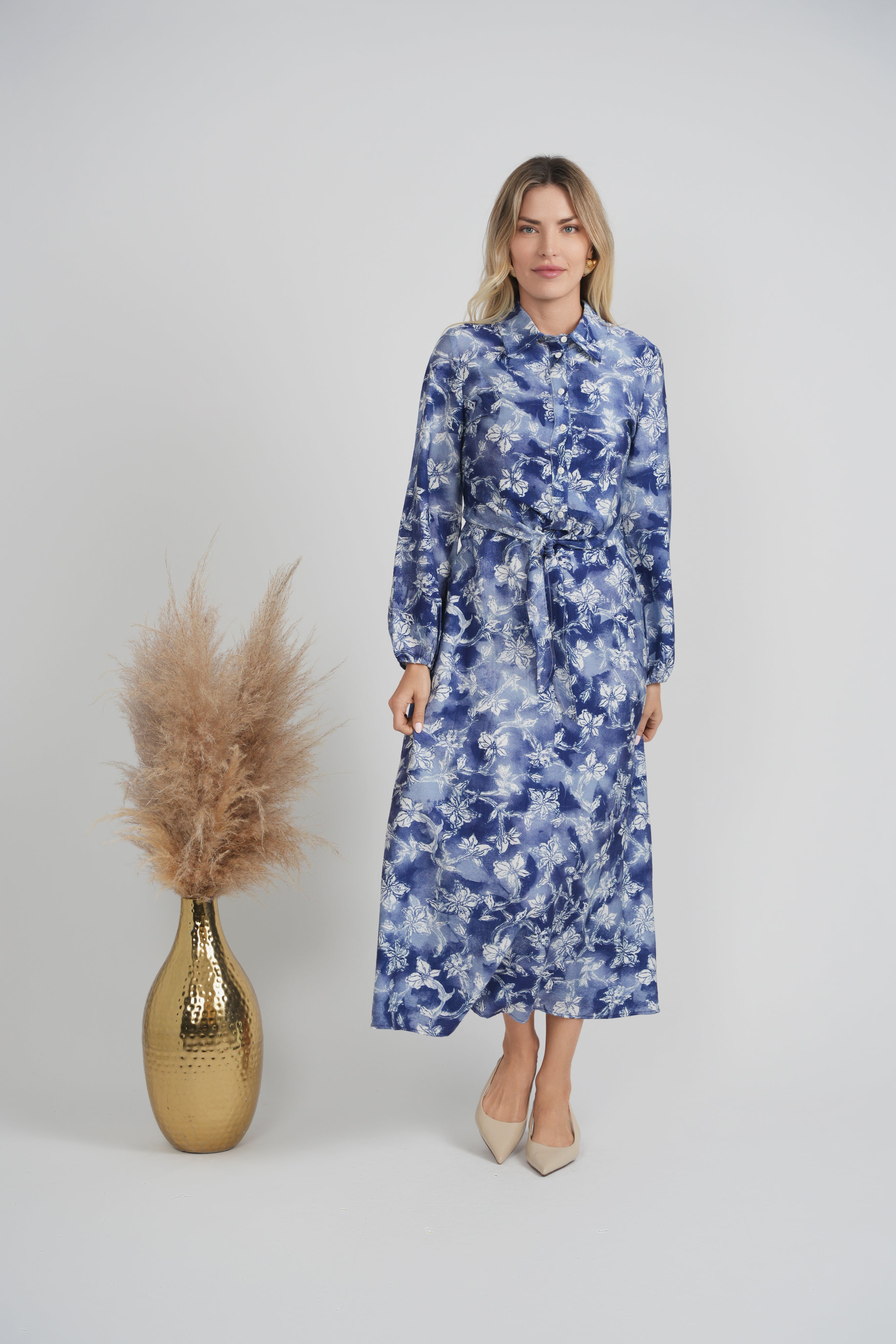 Denim Printed Linen Jumper in by Midi