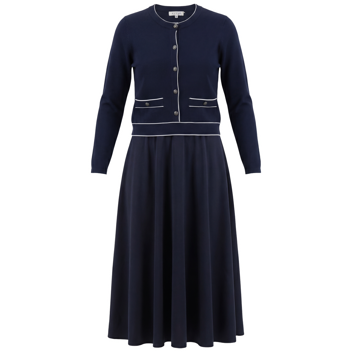 Sweater Cardigan Combo Midi Dress in Dark Navy by Vivid
