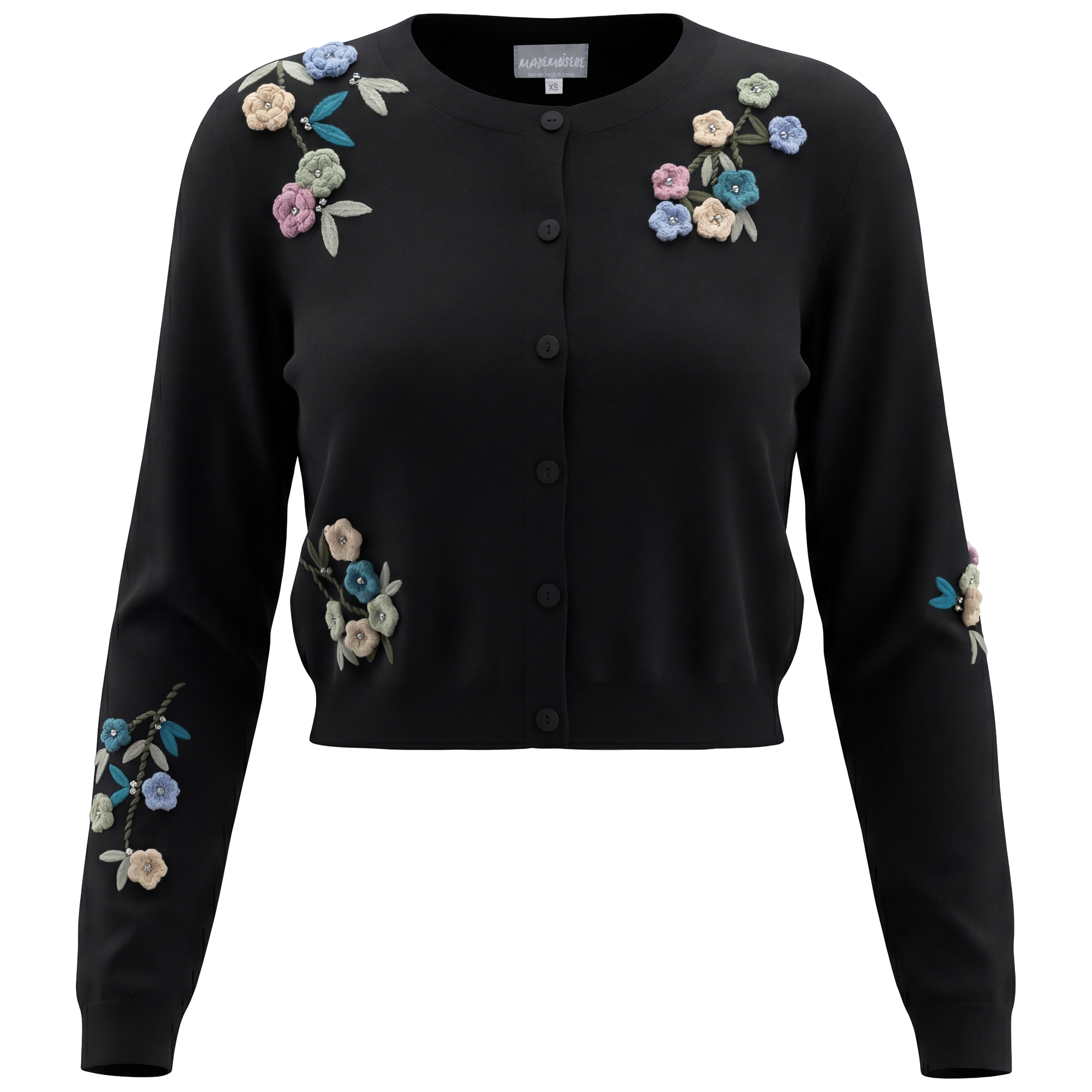 Cropped Embroidered Cardigan in Black by Mademoiselle