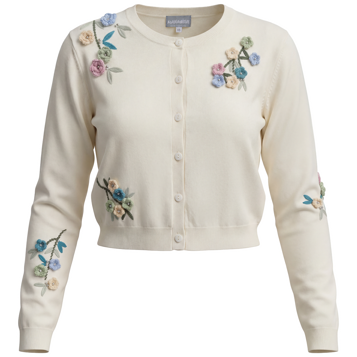 Cropped Embroidered Cardigan in Cream by Mademoiselle