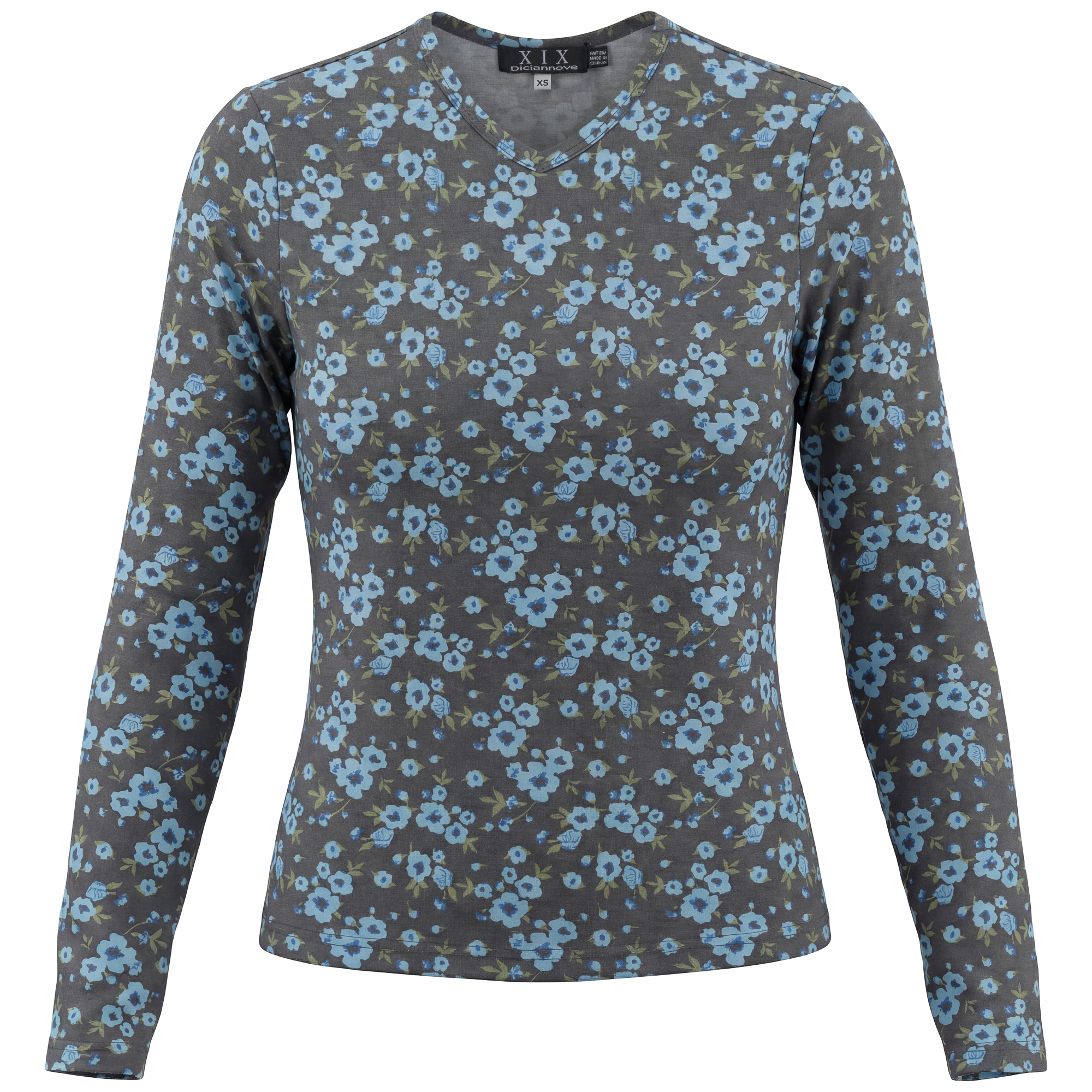 Printed V Neck Long Sleeve Tee in Black Denim Blue by Diciannove
