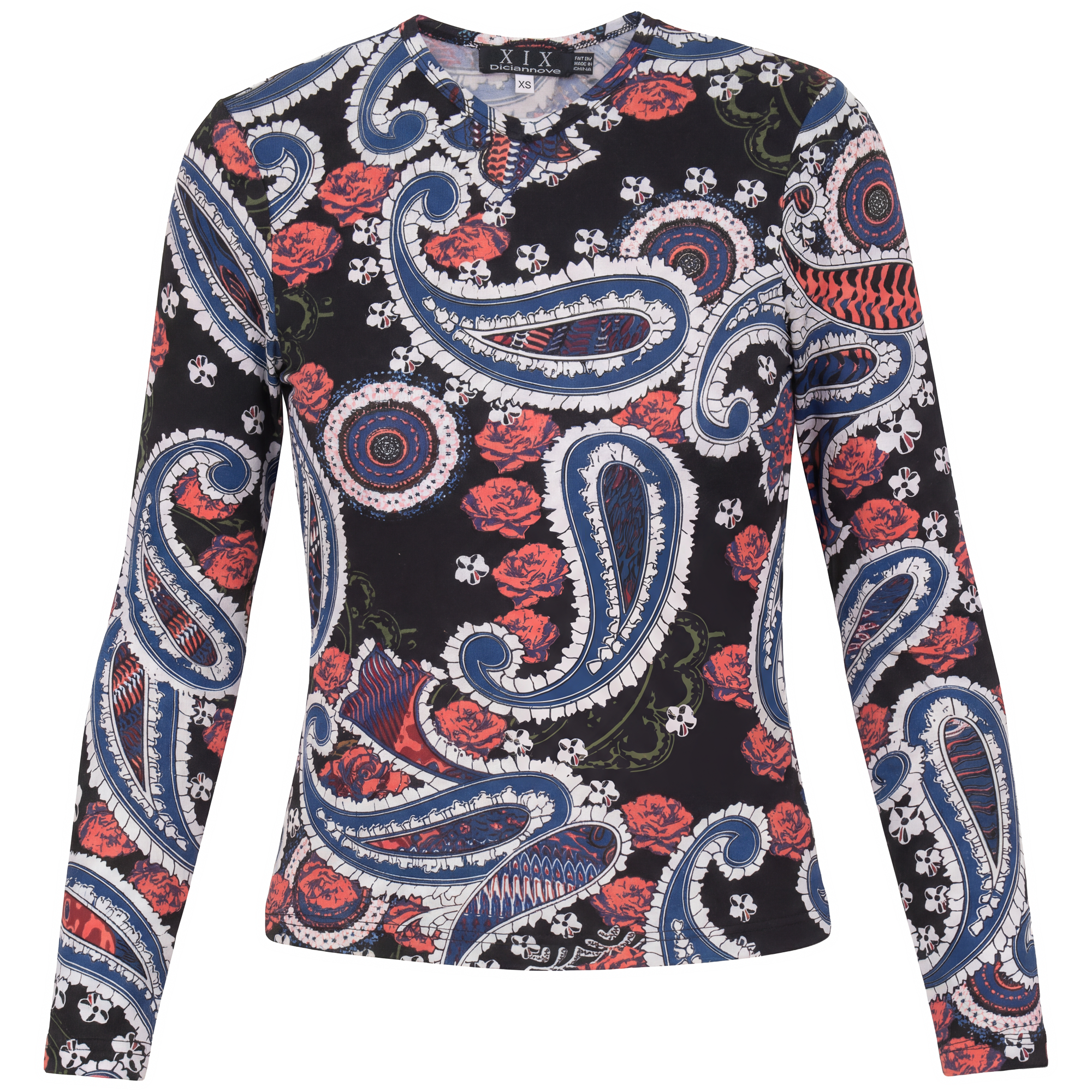 Printed V Neck Long Sleeve Tee in Black Paisley by Diciannove
