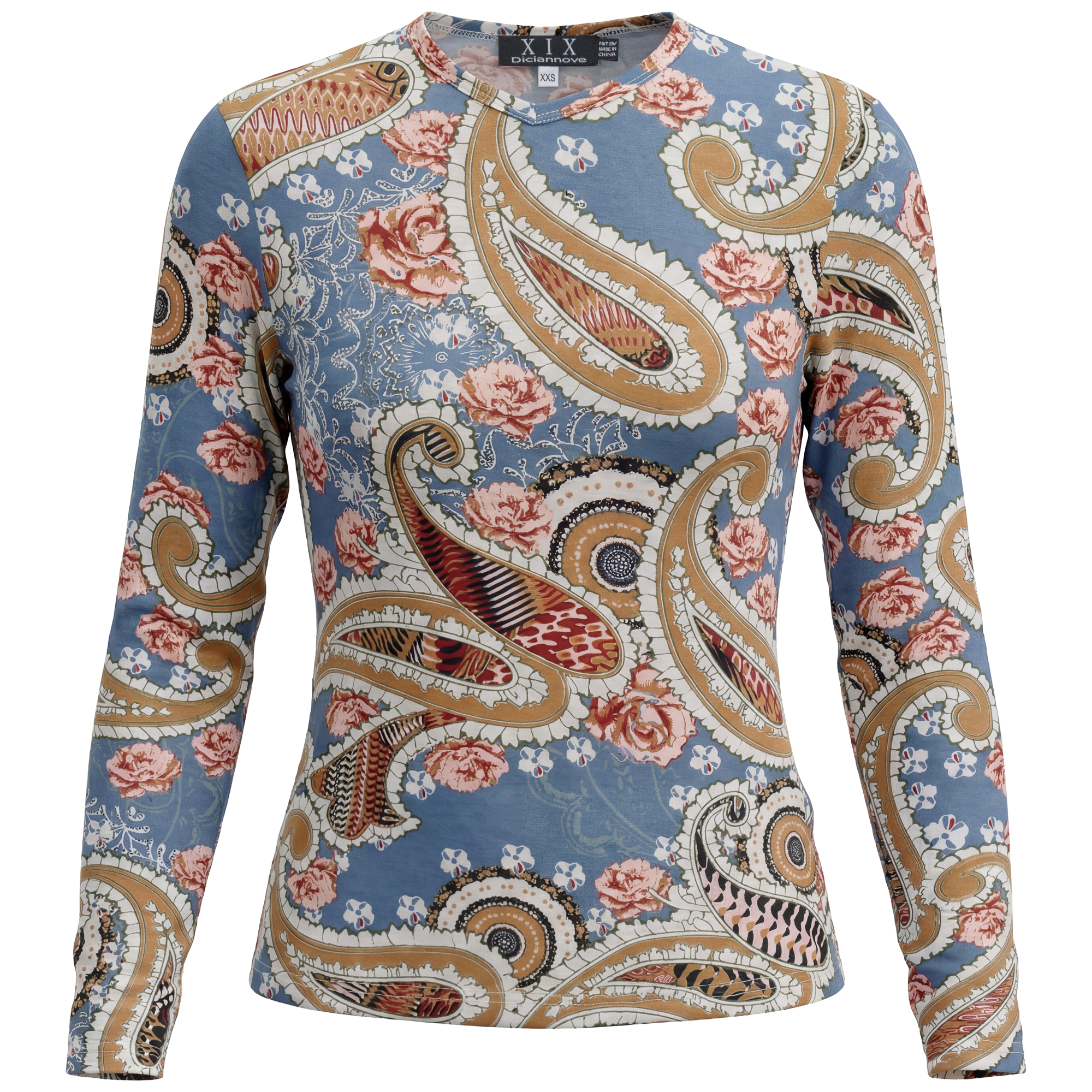 Printed V Neck Long Sleeve Tee in Blue Paisley by Diciannove