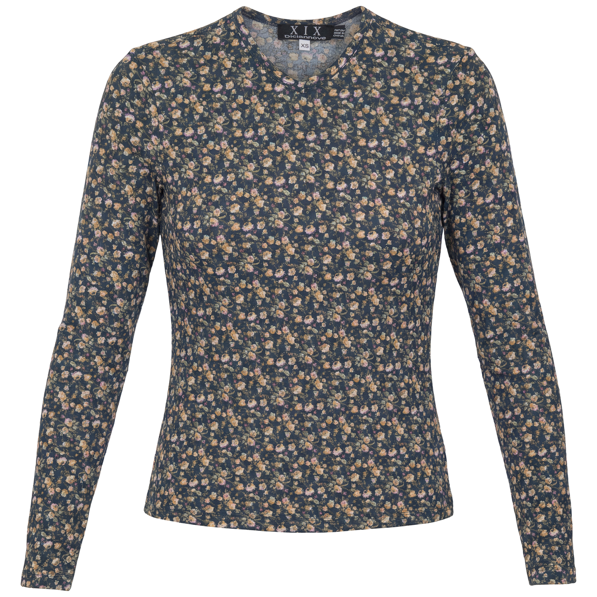 Printed V Neck Long Sleeve Tee in Denim Beige by Diciannove