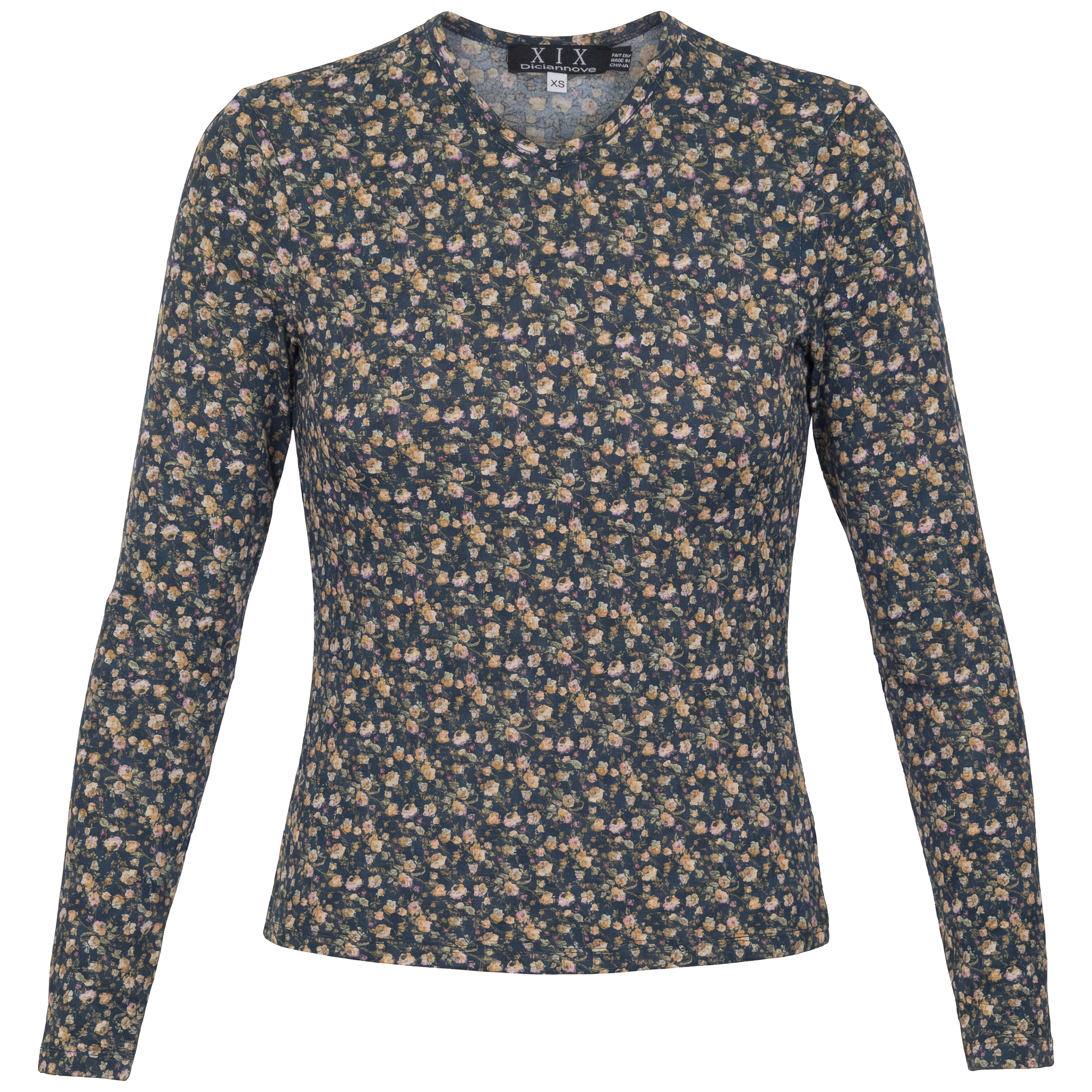 Printed V Neck Long Sleeve Tee in Denim Beige by Diciannove