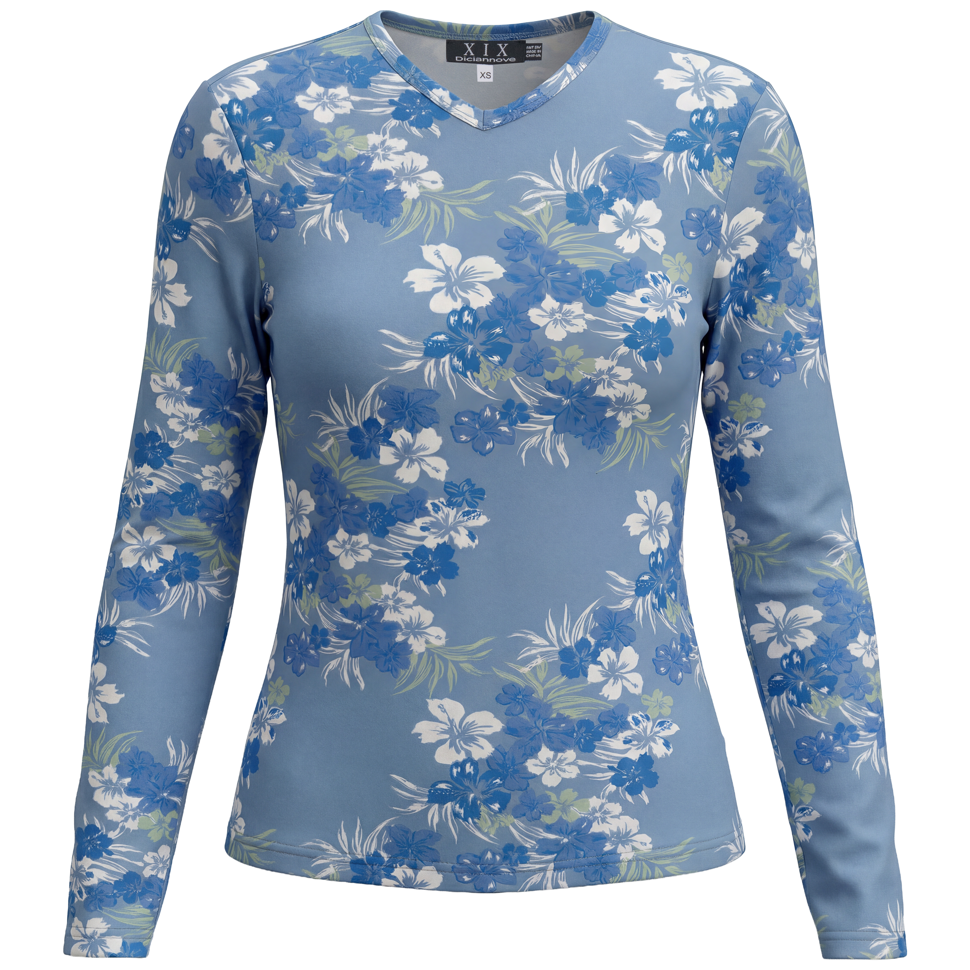 Printed V Neck Long Sleeve Tee in Light Denim Chambray by Diciannove