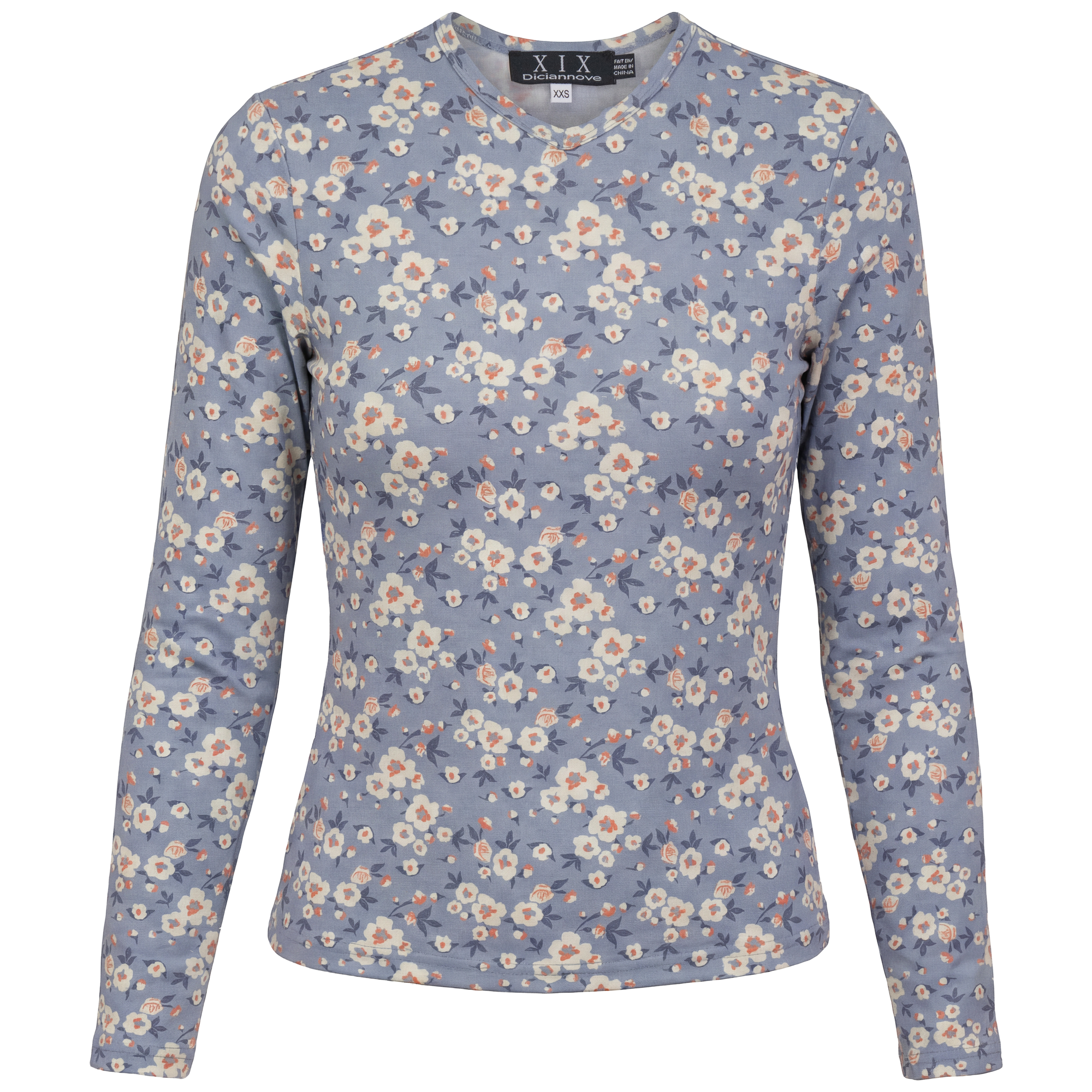 Printed V Neck Long Sleeve Tee in Light Denim Cream by Diciannove