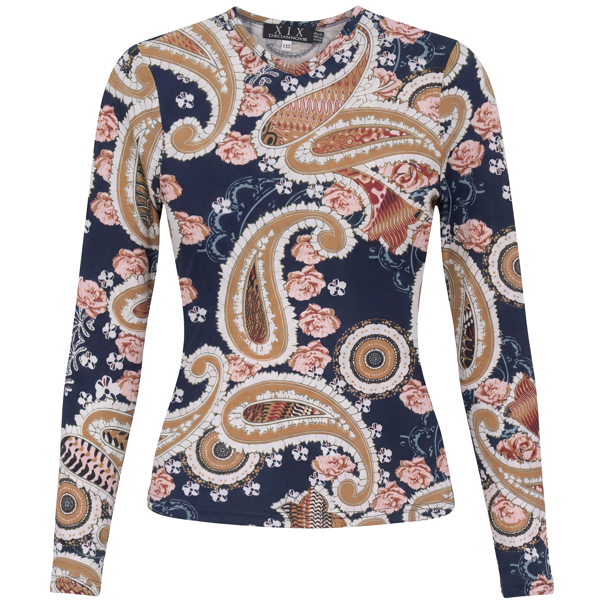 Printed V Neck Long Sleeve Tee in Navy Paisley by Diciannove