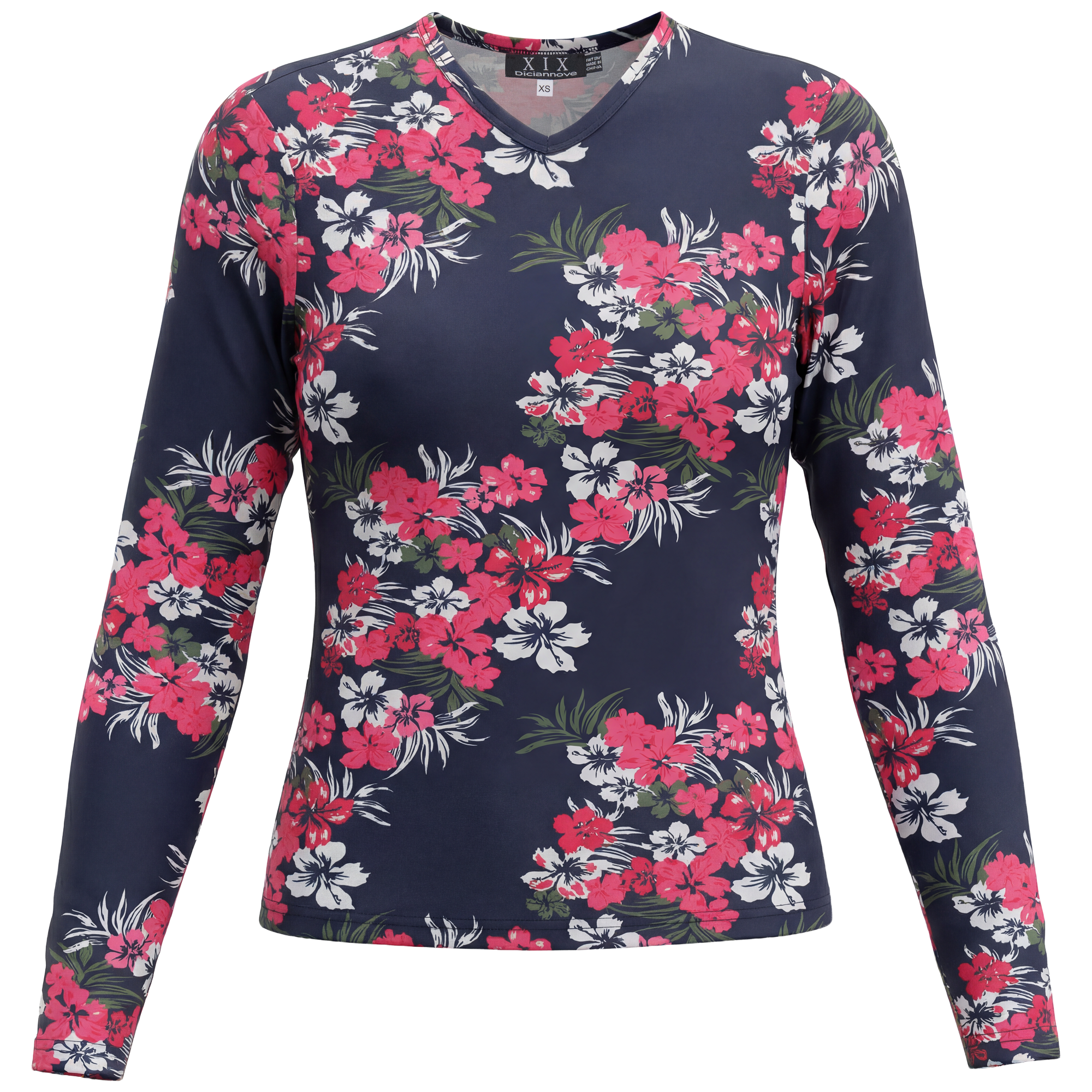 Printed V Neck Long Sleeve Tee in Navy Pink by Diciannove