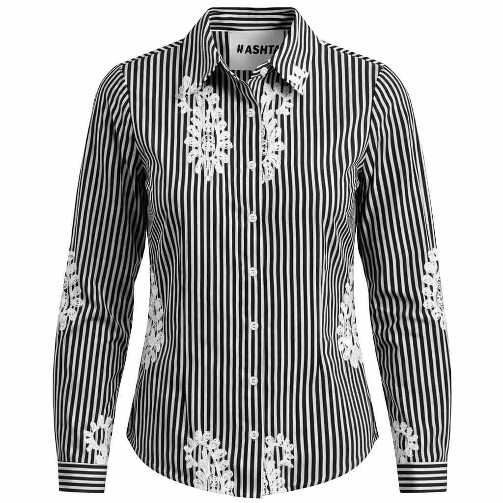 Striped Embroidered Blouse in Black by Hashtag