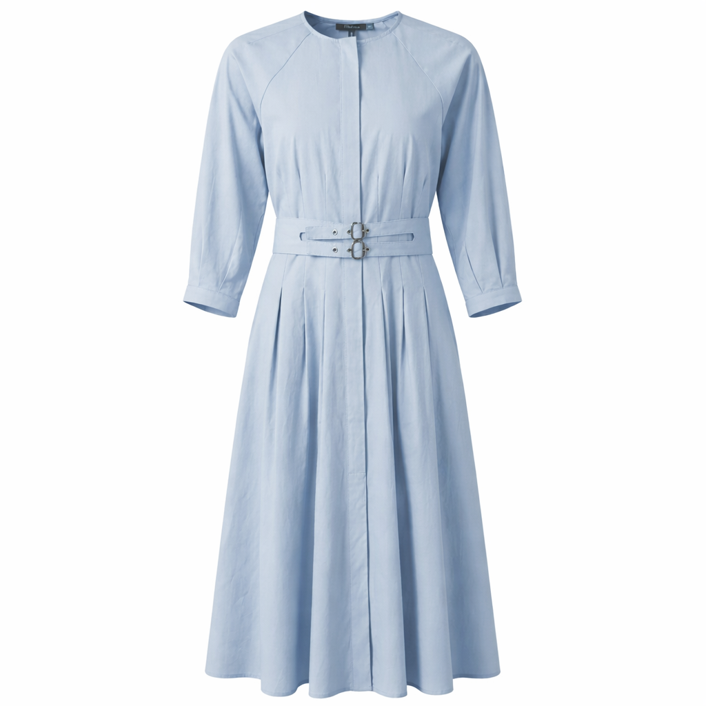 Midi Double Belt Dress in Light Blue by MiuMax