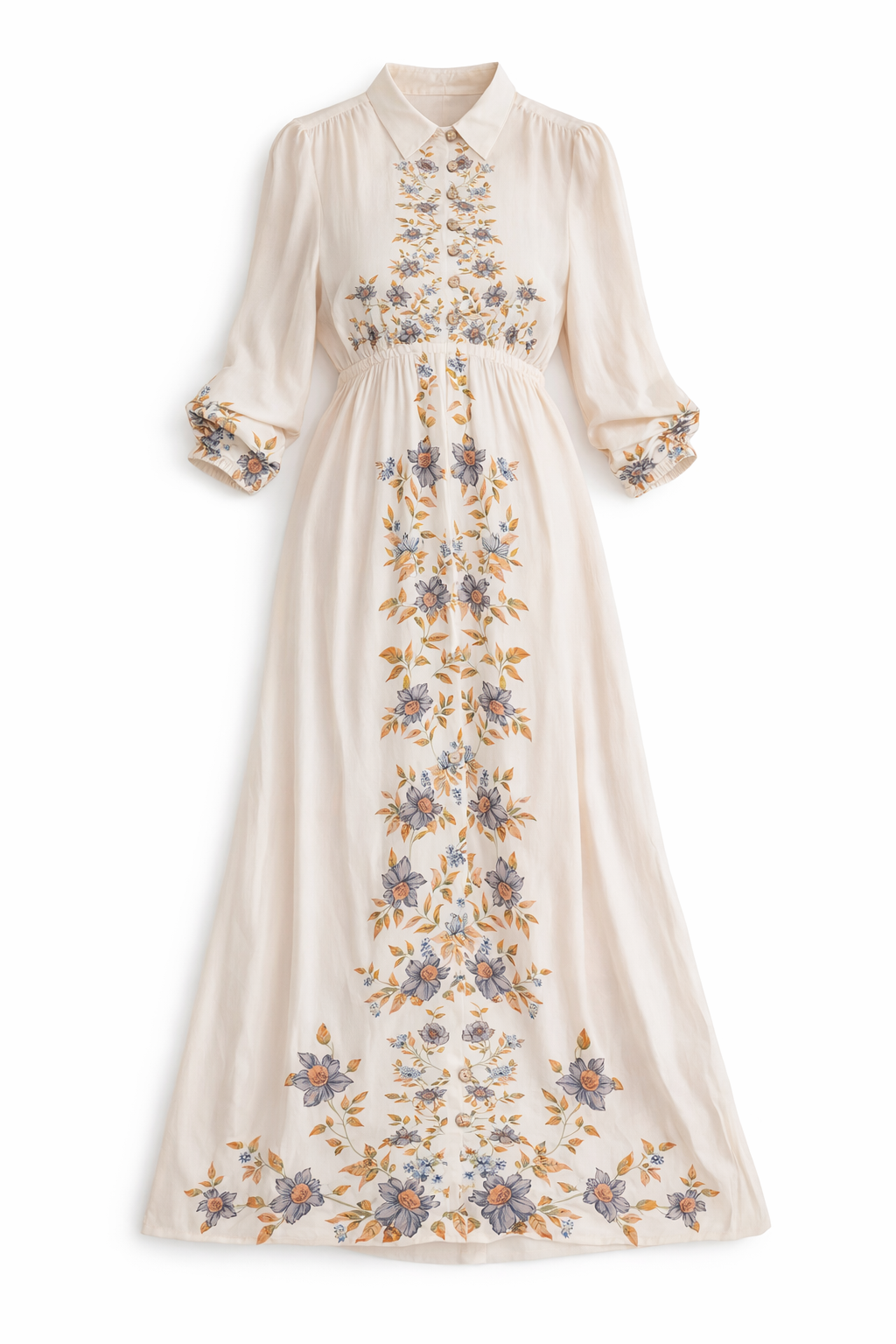 Printed Linen Midi Dress in Light Oatmeal Floral by Coco de la Mour
