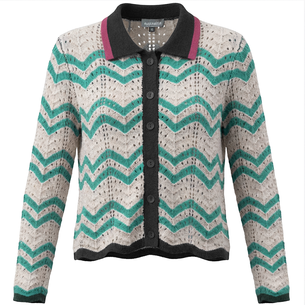 Crochet Striped Cardigan in Off White Emerald Green by Mademoiselle