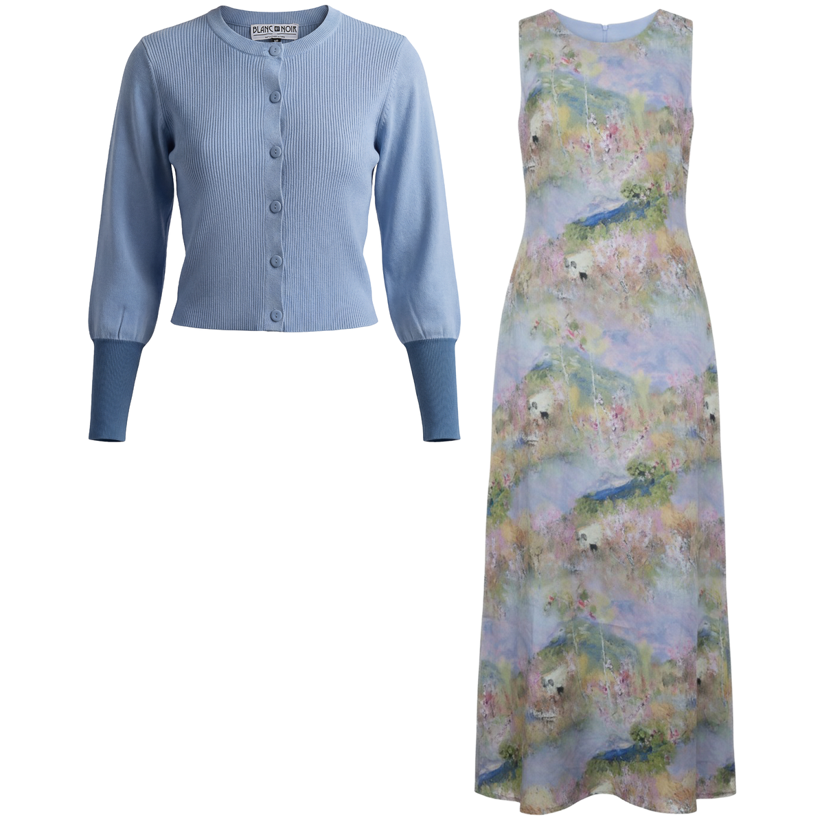 Cropped Cardigan Maxi Printed Jumper Set in Blue Print by Blanc et Noir
