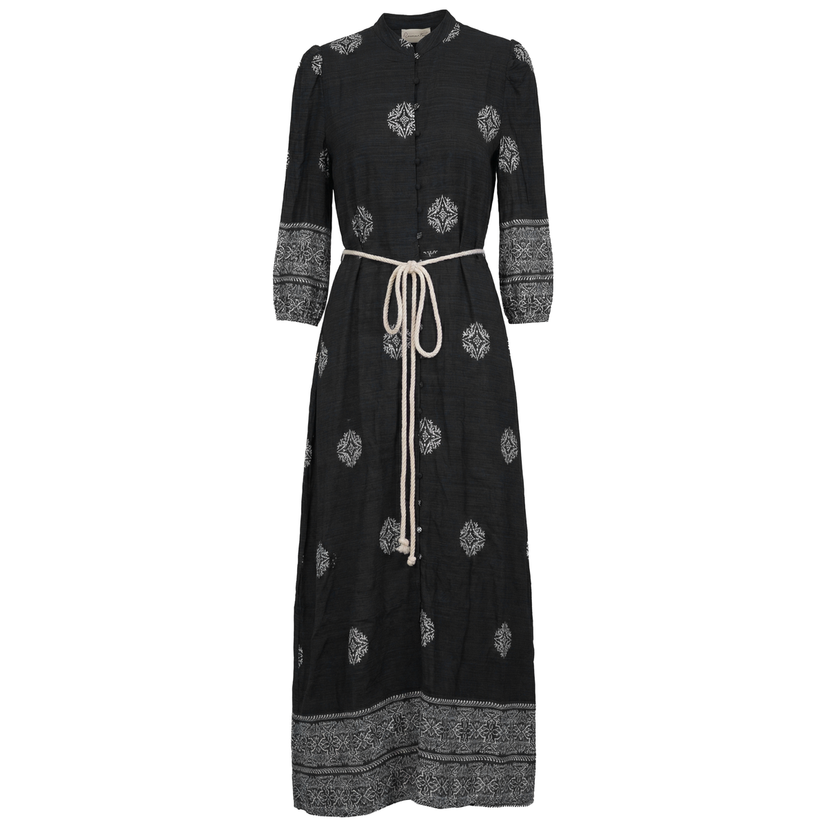 Printed Linen Maxi Dress in Black by Coco de la Mour