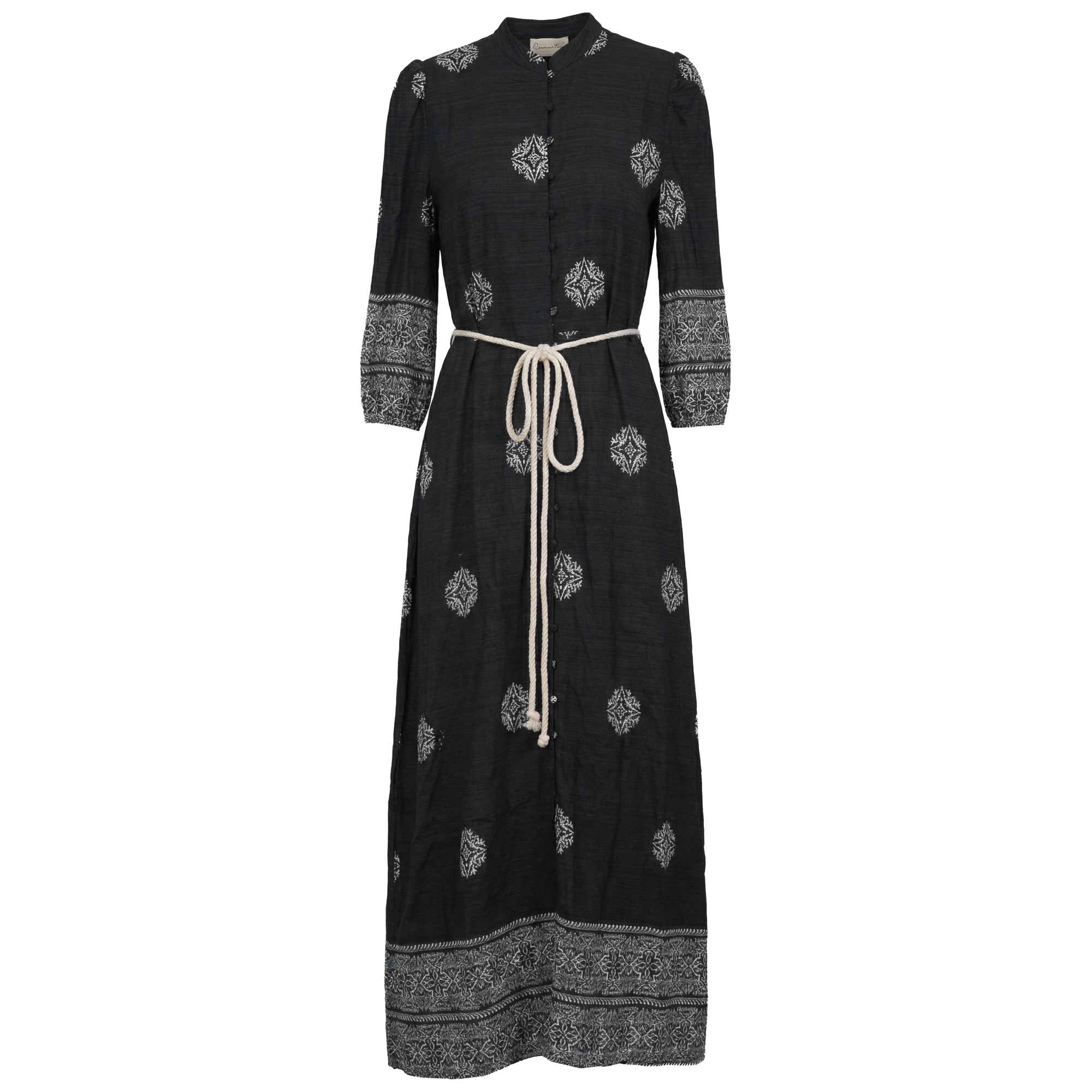 Printed Linen Maxi Dress in Black by Coco de la Mour