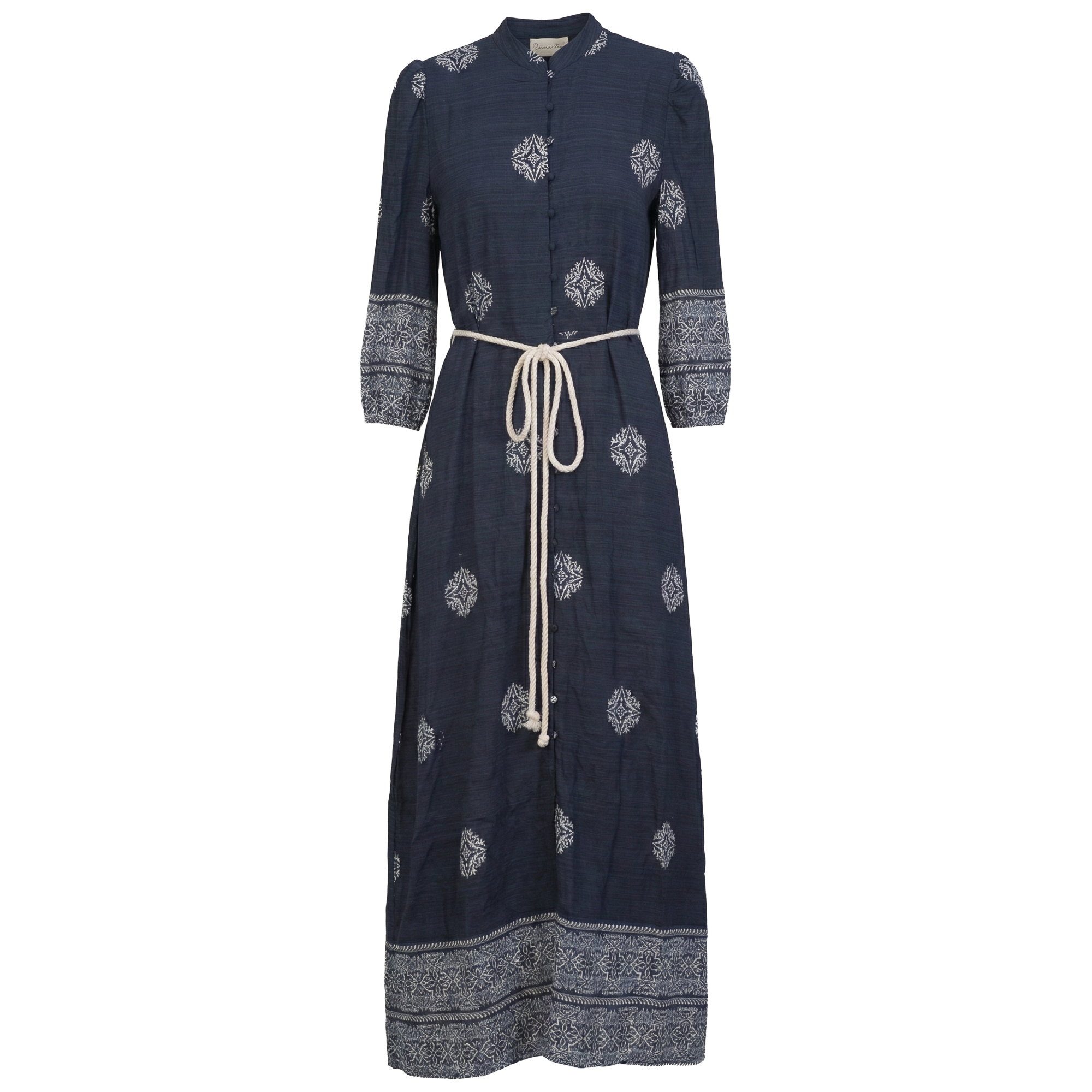 Printed Linen Maxi Dress in Navy by Coco de la Mour