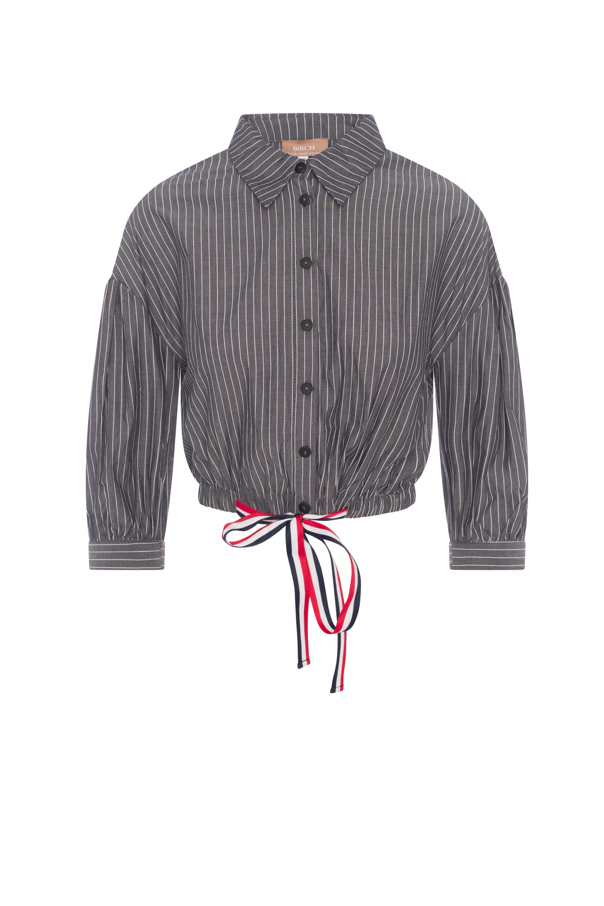 Striped Cropped Ribbon Blouse in Black Denim by Birch