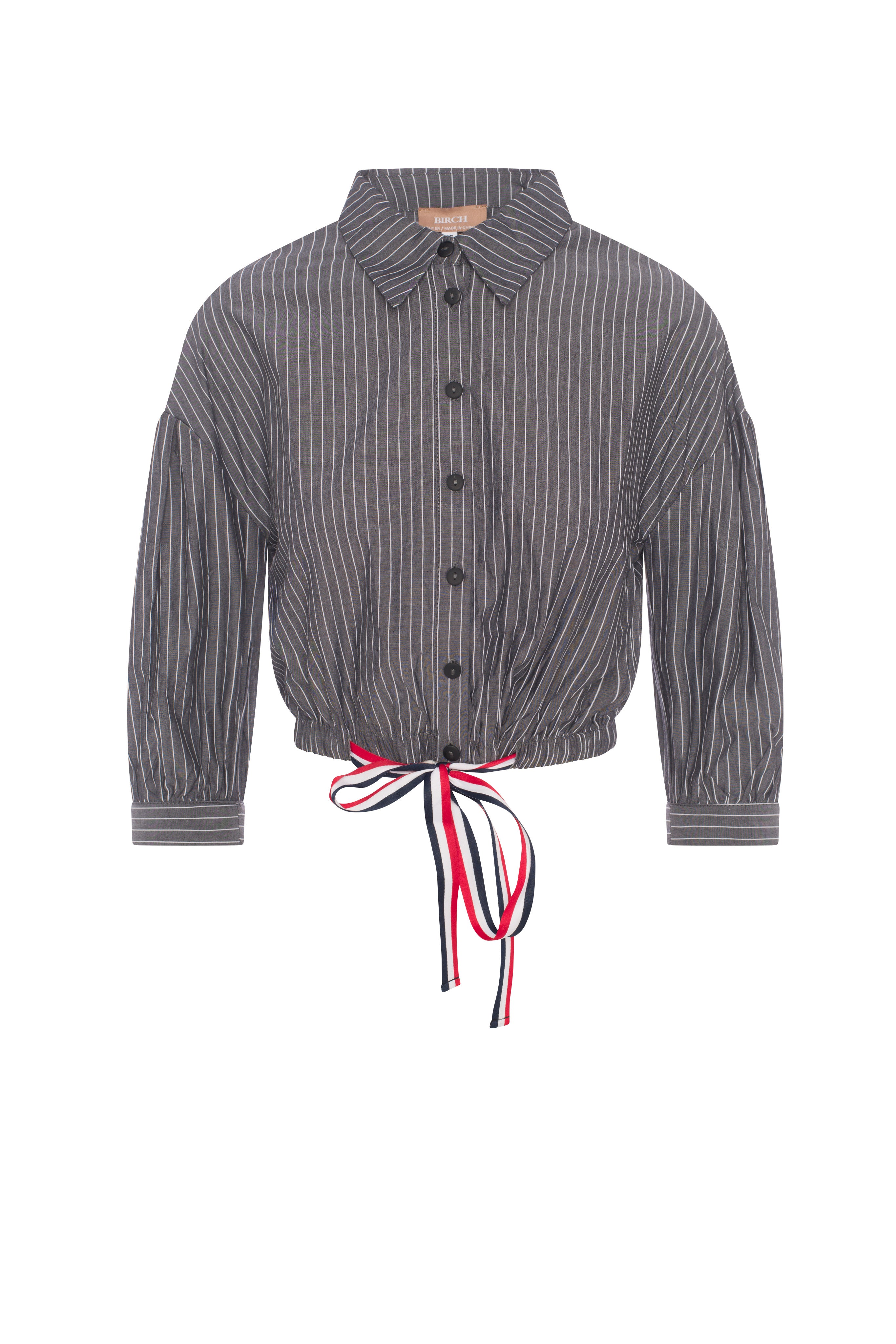 Striped Cropped Ribbon Blouse in Black Denim by Birch