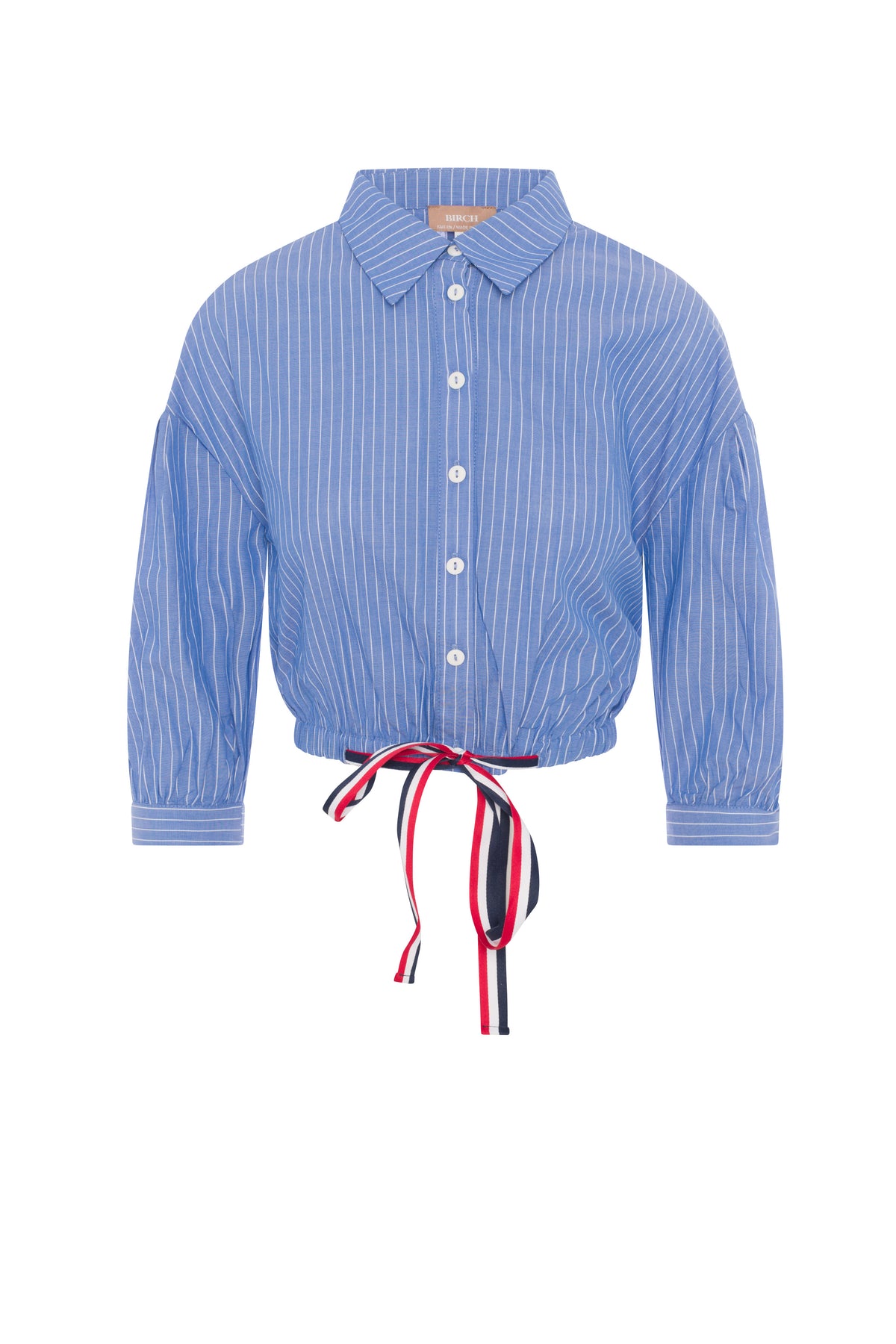 Striped Cropped Ribbon Blouse in Chambray by Birch