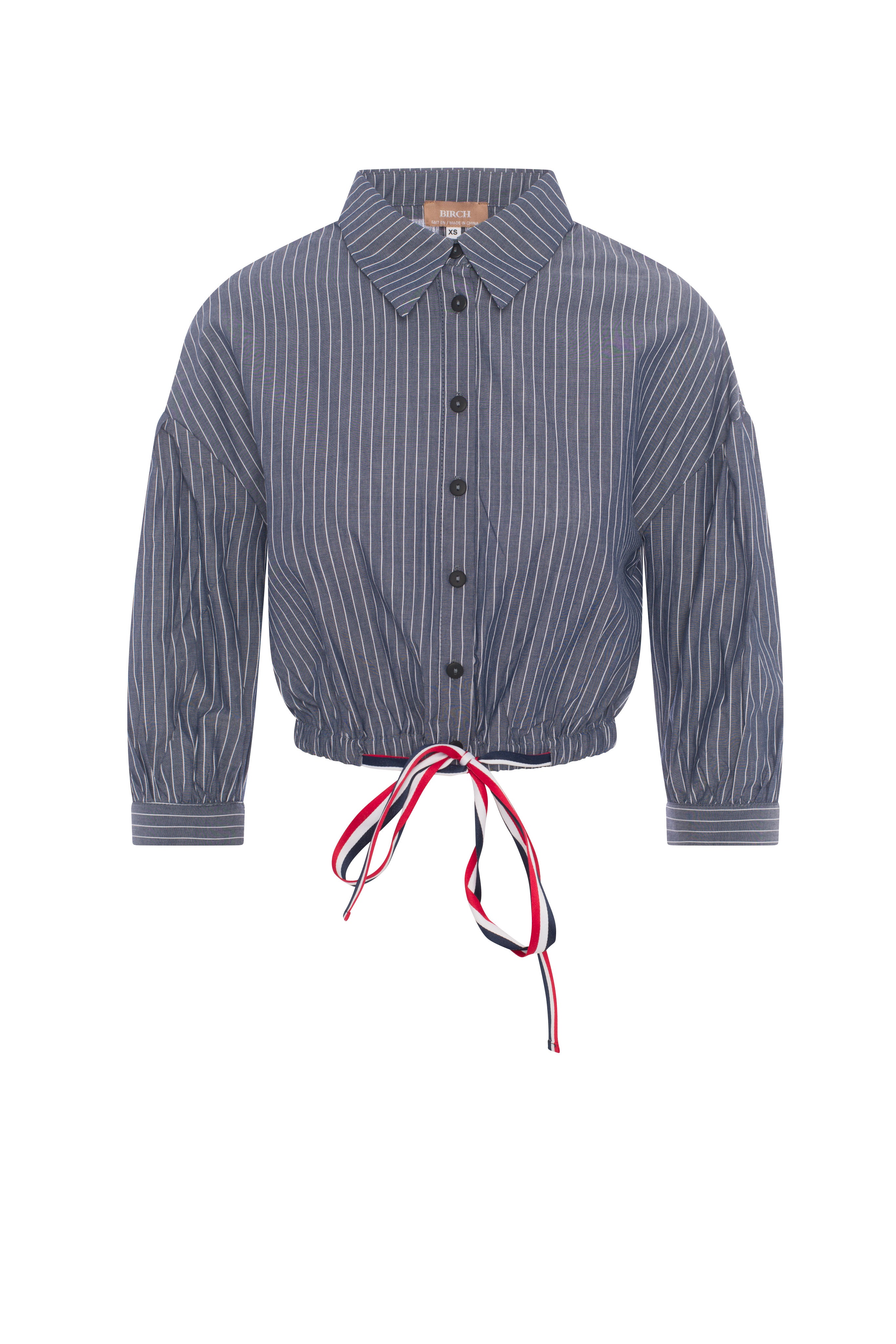 Striped Cropped Ribbon Blouse in Dark Denim by Birch