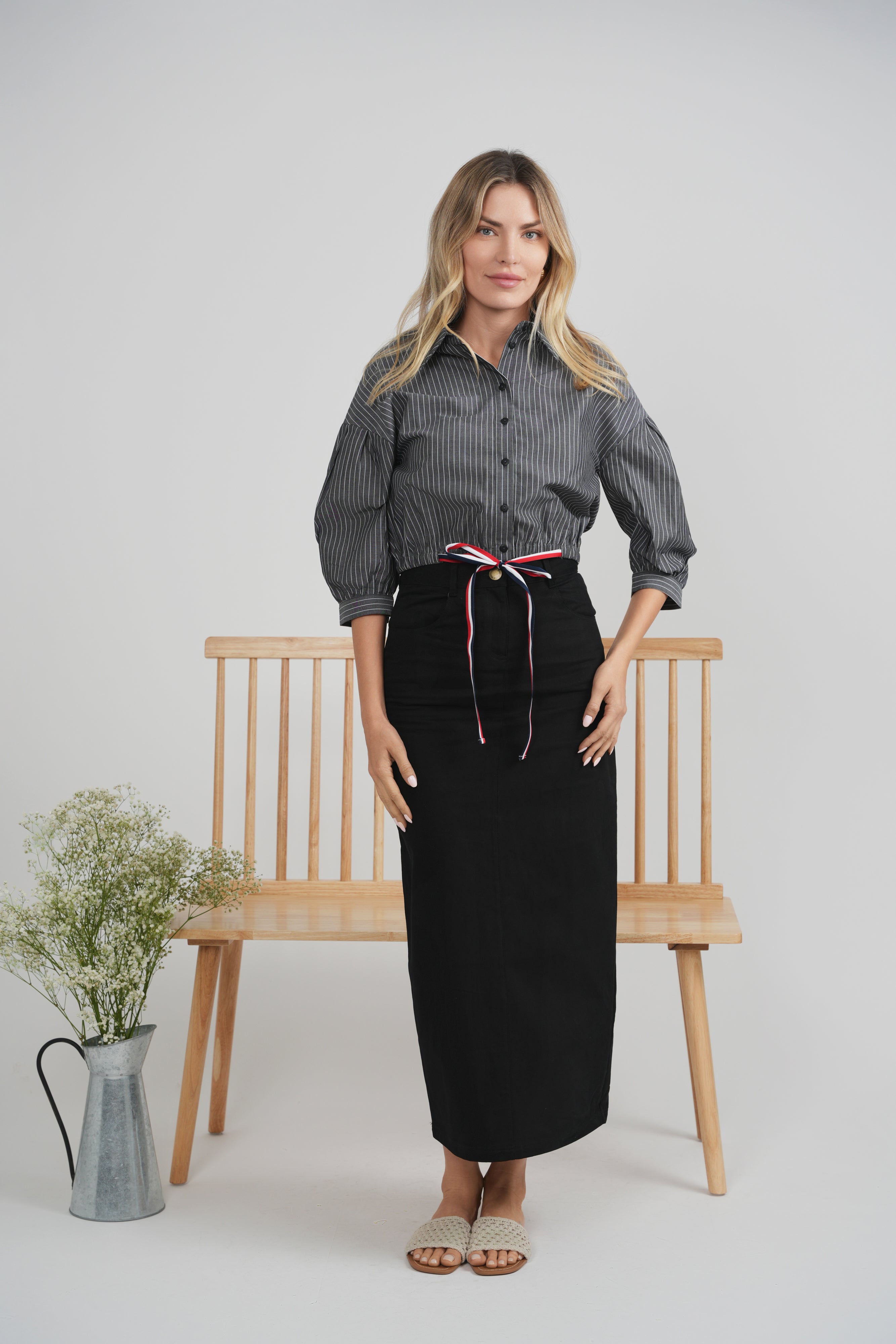 Striped Cropped Ribbon Blouse in by Birch