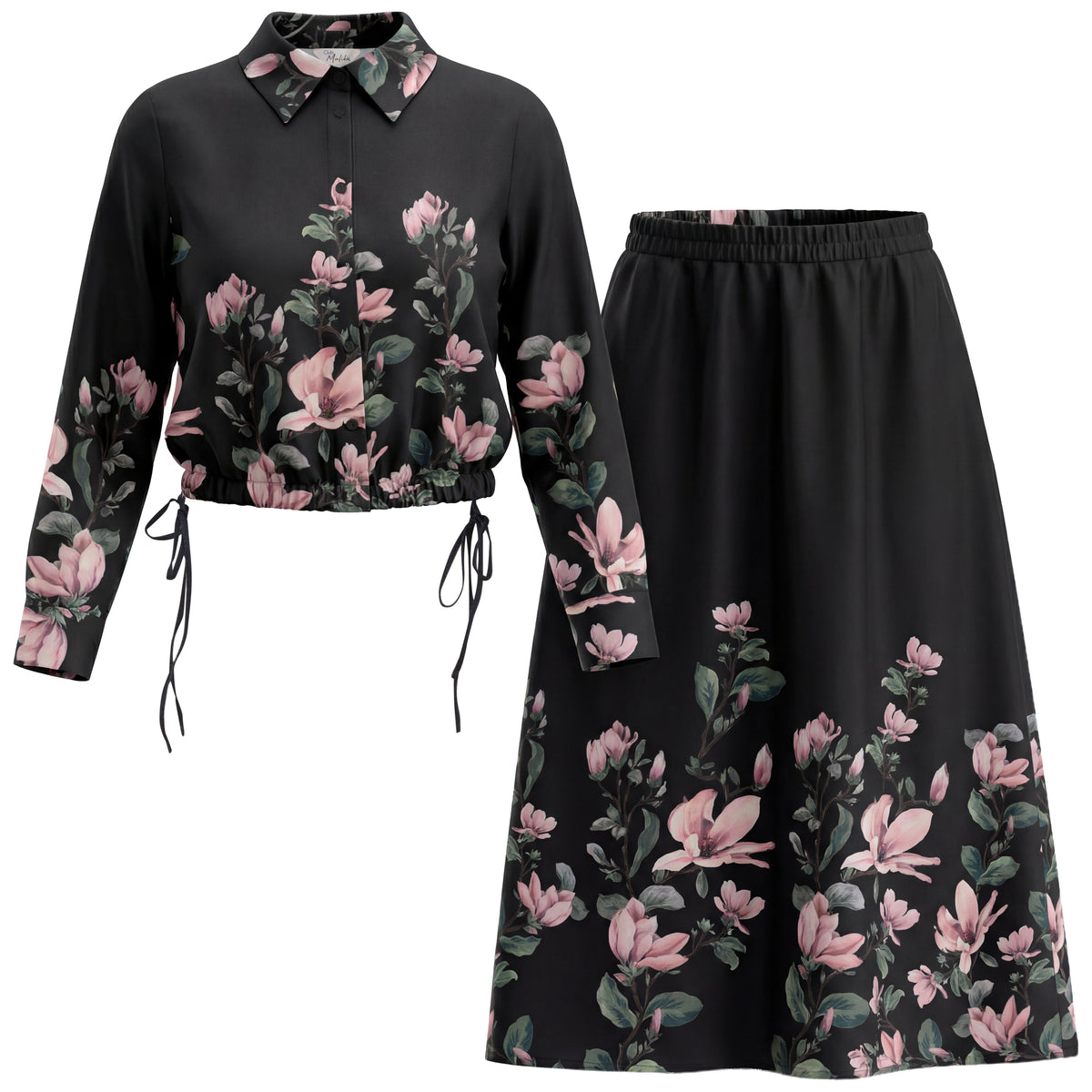 Floral Woven Twill Set in Black by Club Malibu