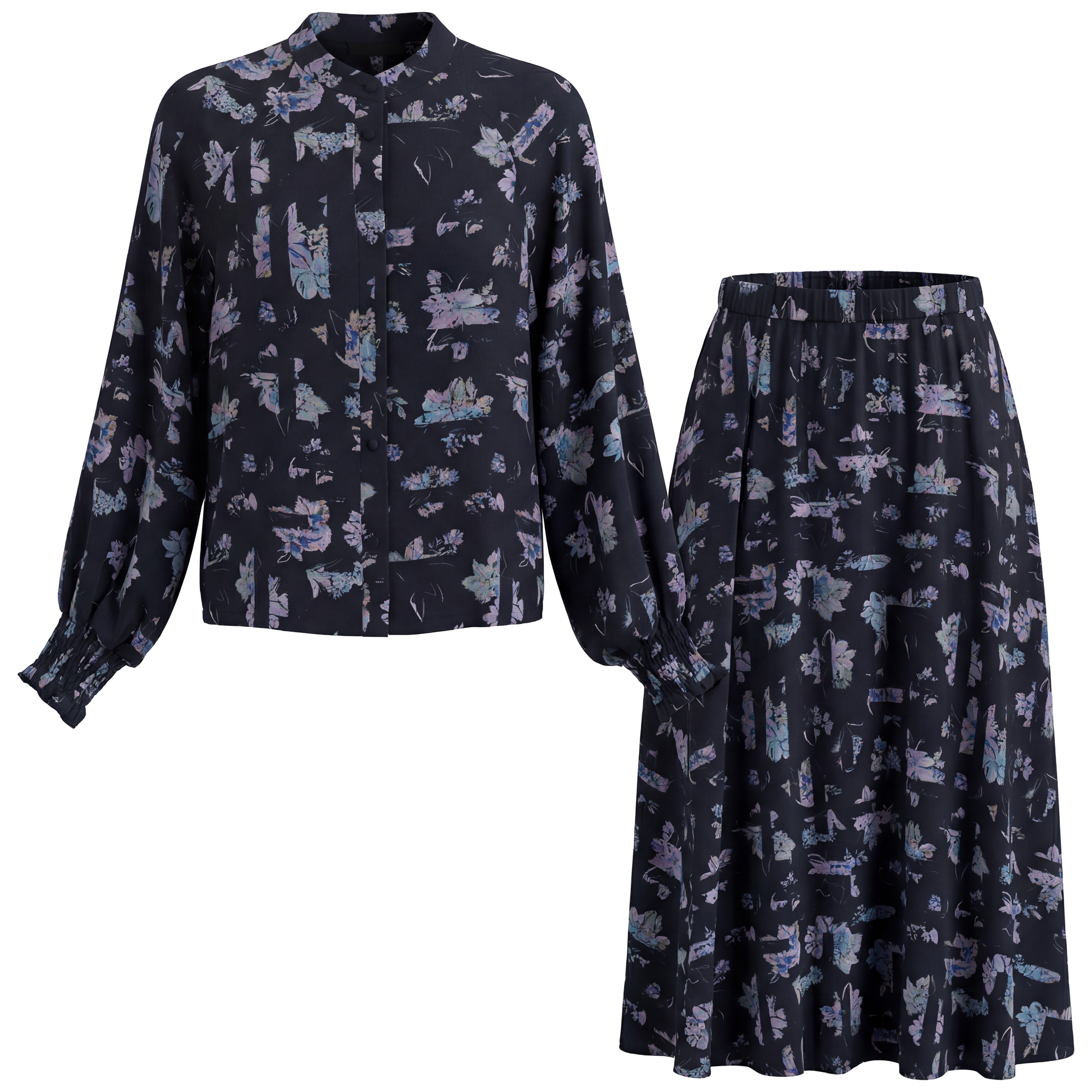Printed Chiffon Set in Black Floral by MiuMax