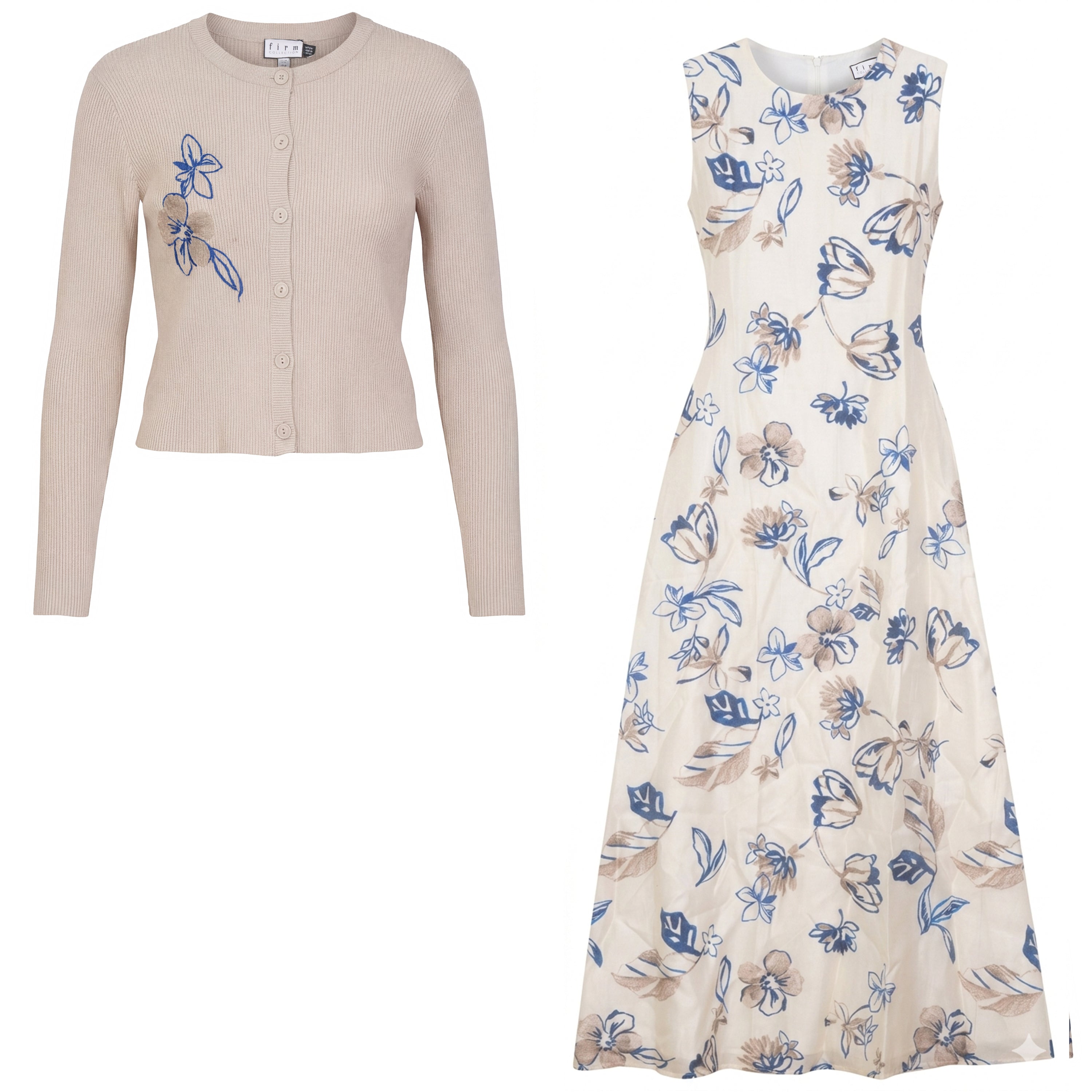 Midi Printed Chiffon Cardigan Set in Light Oatmeal by Firm Collection