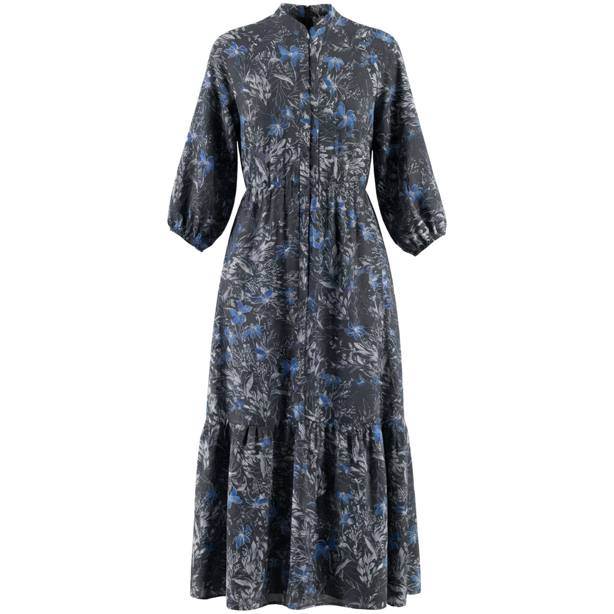 Printed Chiffon Tiered Midi Dress in Black Print by Firm Collection