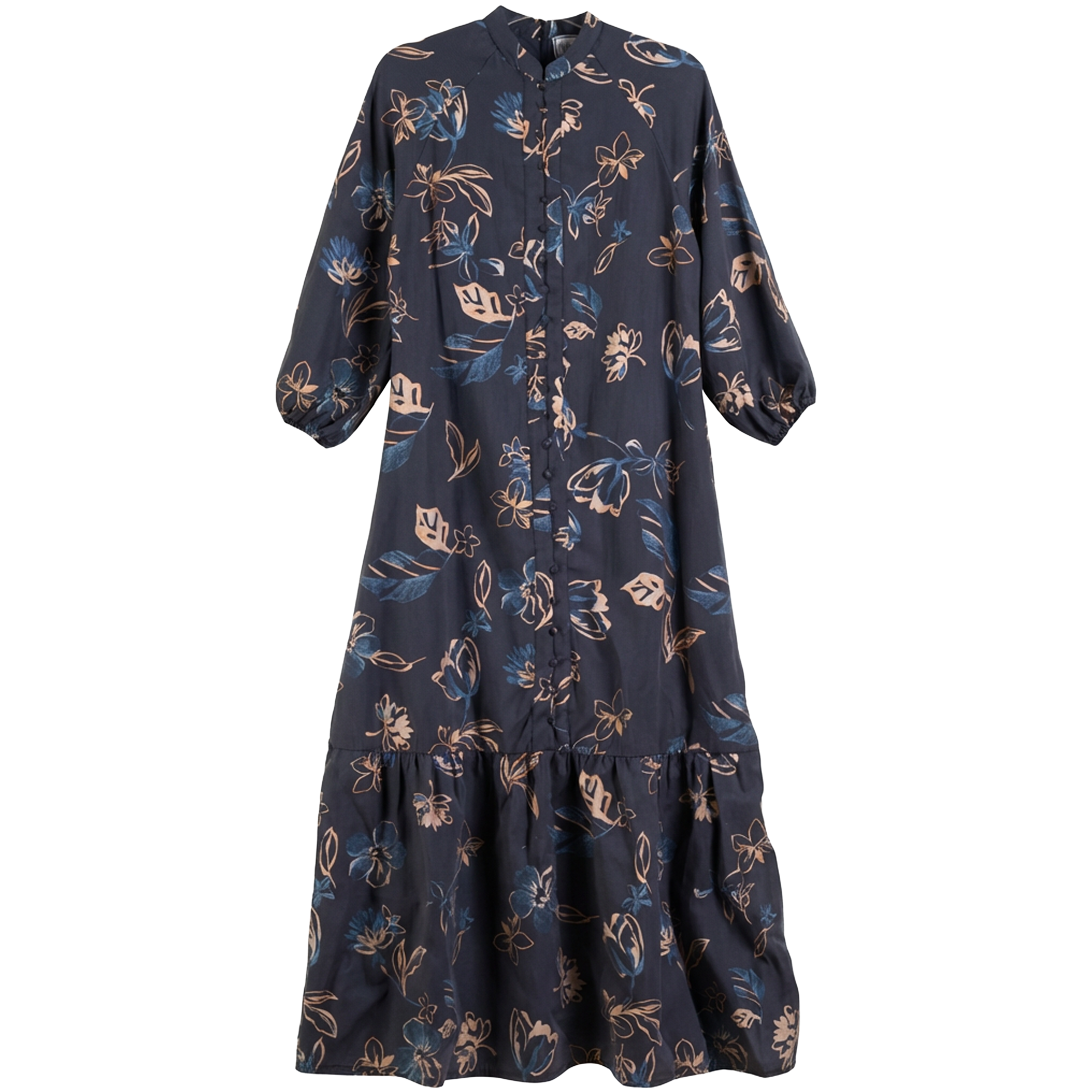 Printed Chiffon Tiered Midi Dress in Navy Print by Firm Collection