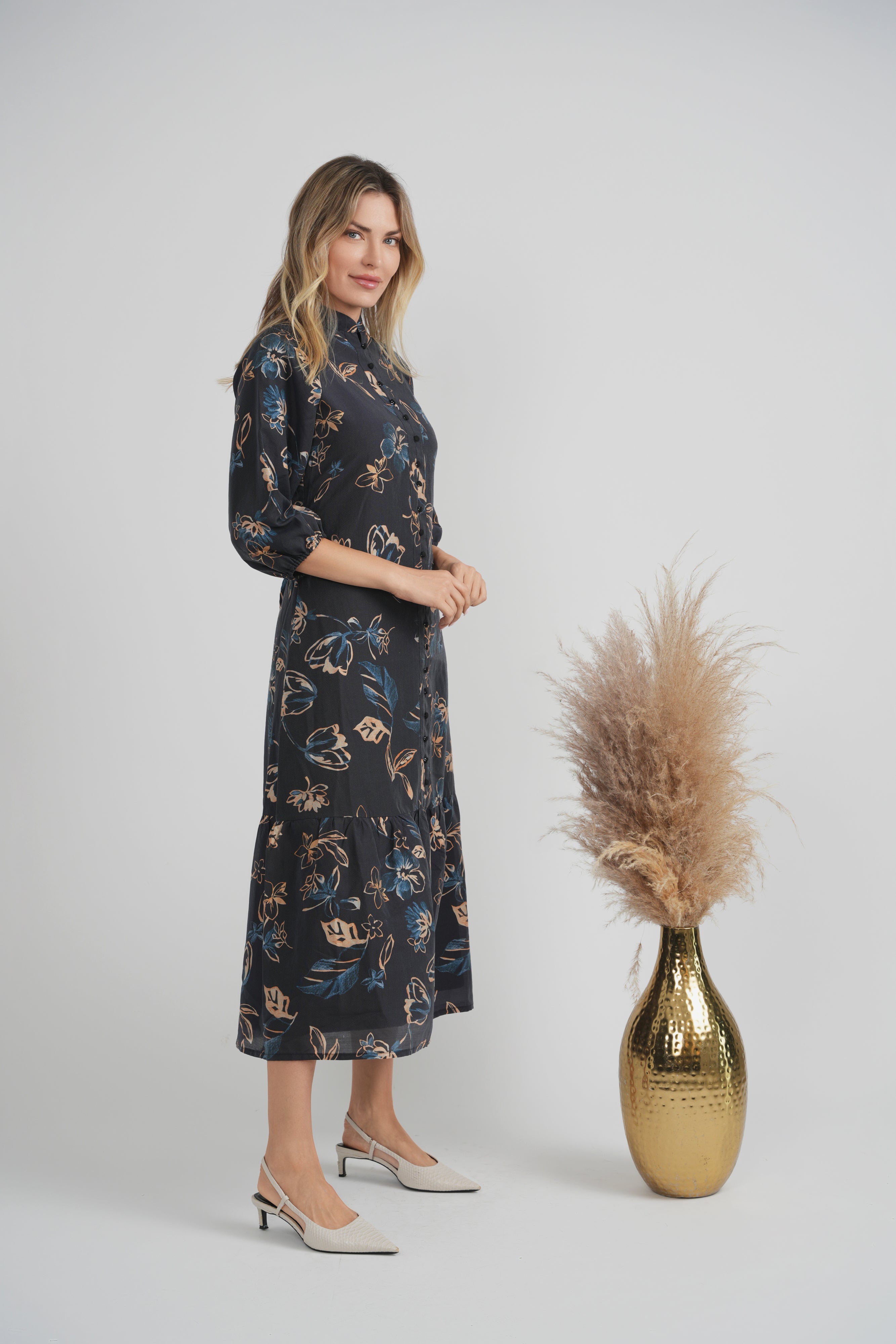 Printed Chiffon Tiered Midi Dress in by Firm Collection