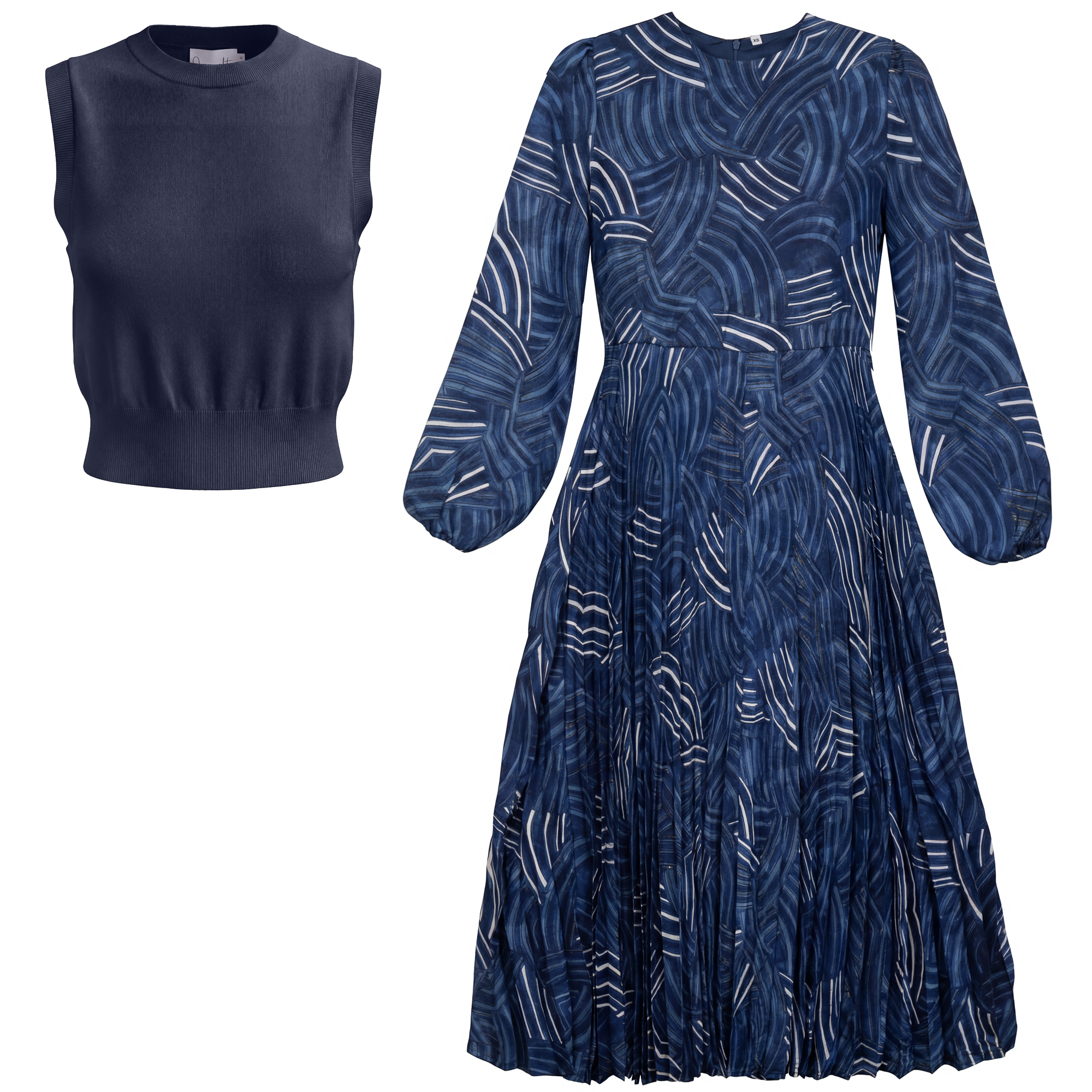 Midi Printed Pleated Chiffon Textured Knit Vest Set in Midnight by Coco de la Mour