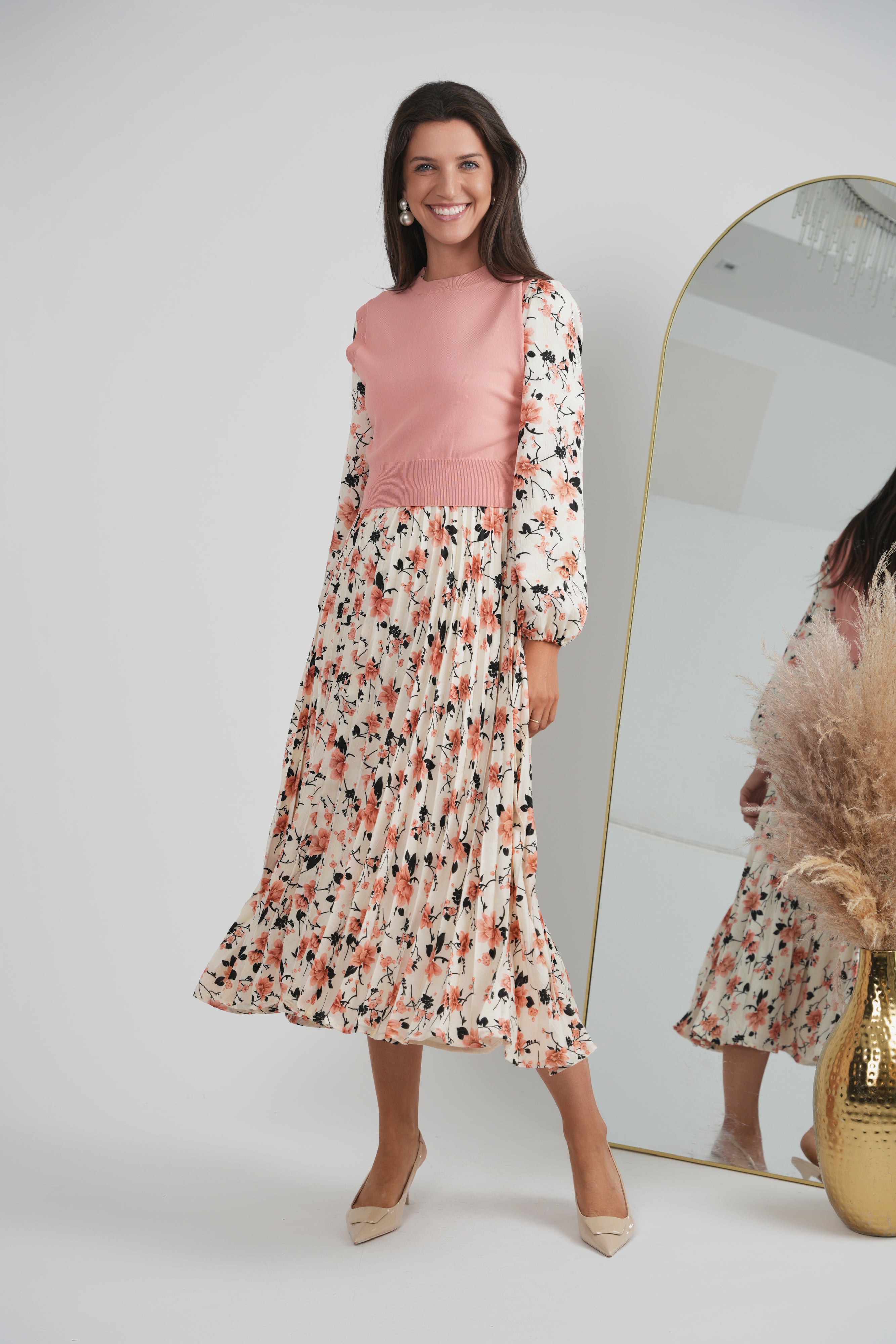 Midi Printed Pleated Chiffon Textured Knit Vest Set in by Coco de la Mour