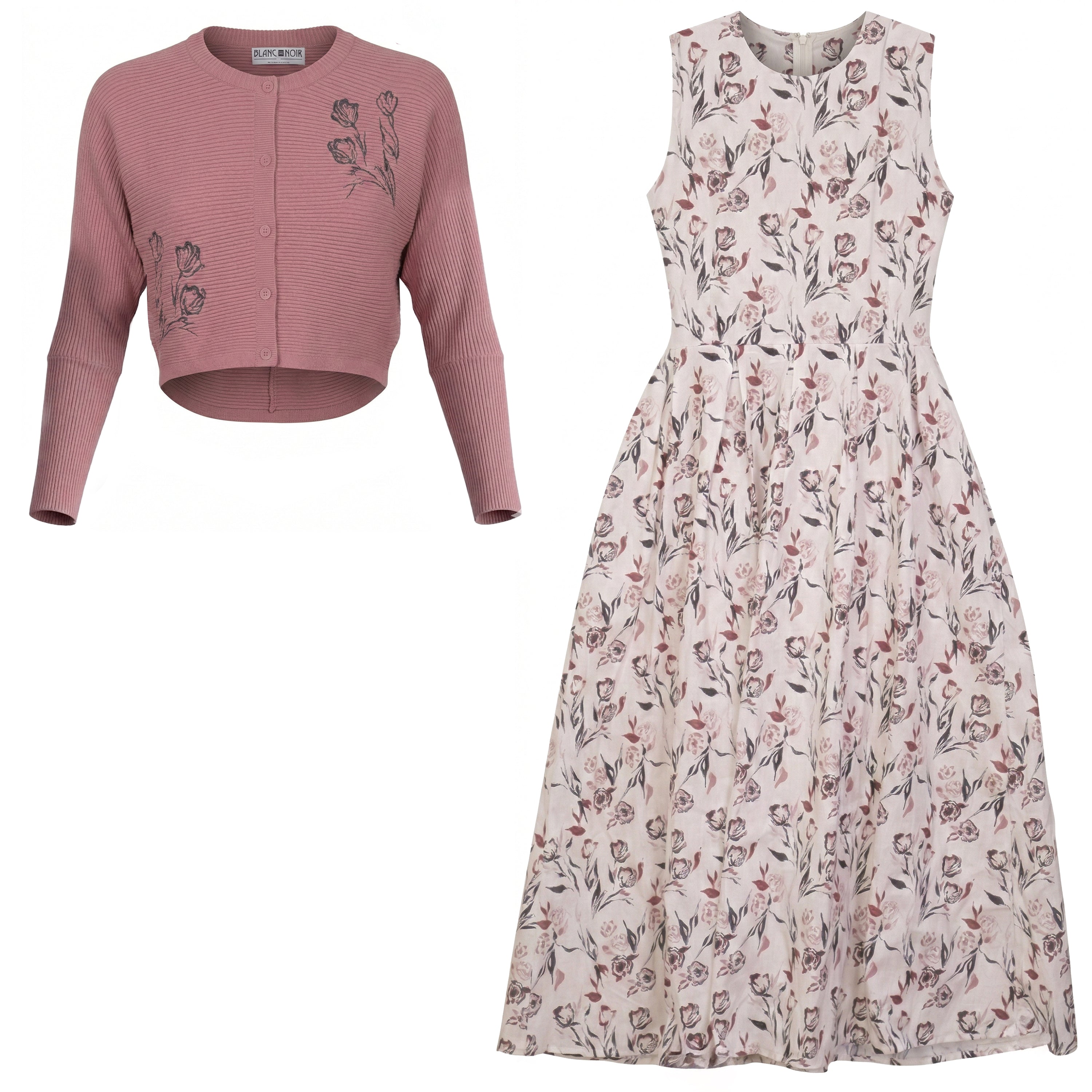 Printed Cotton Cardigan Set in Light Champagne by Blanc et Noir