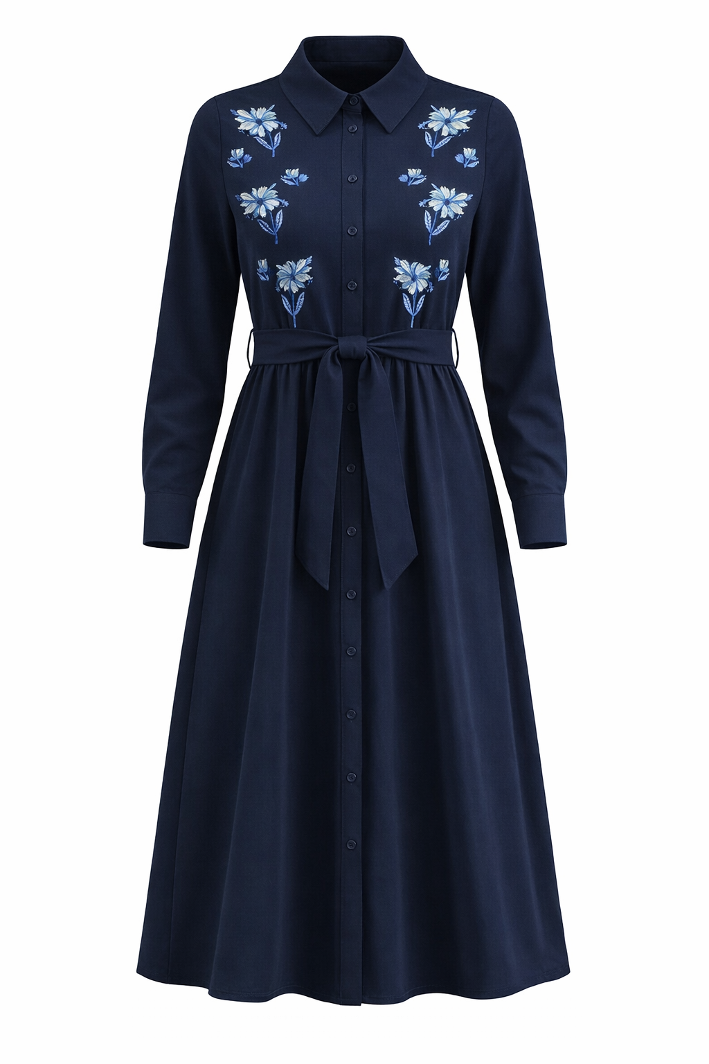 Cotton Midi Embroidery Dress in Dark Navy by MiuMax
