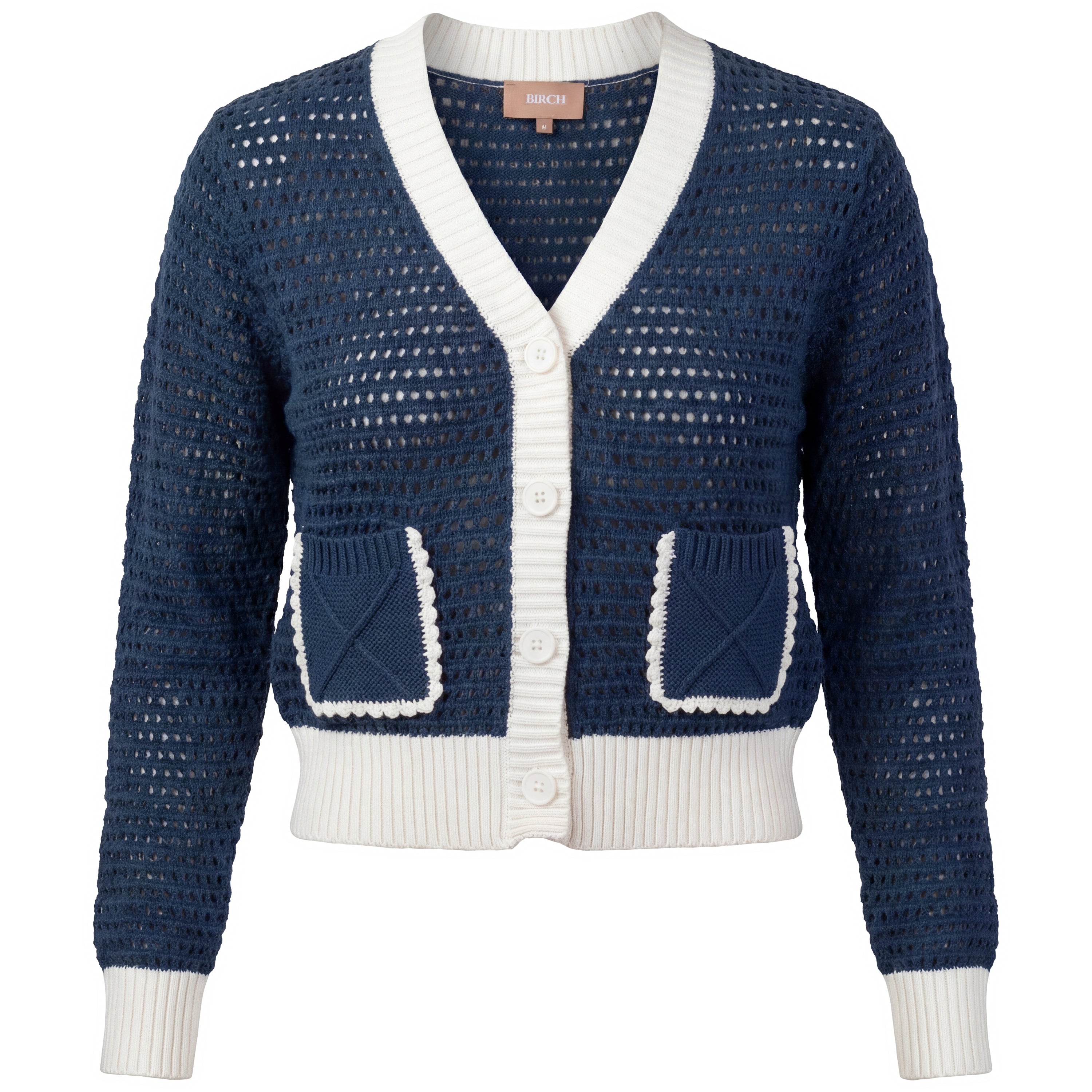 Crochet Knit Contrast Cardigan in Dark Denim by Birch