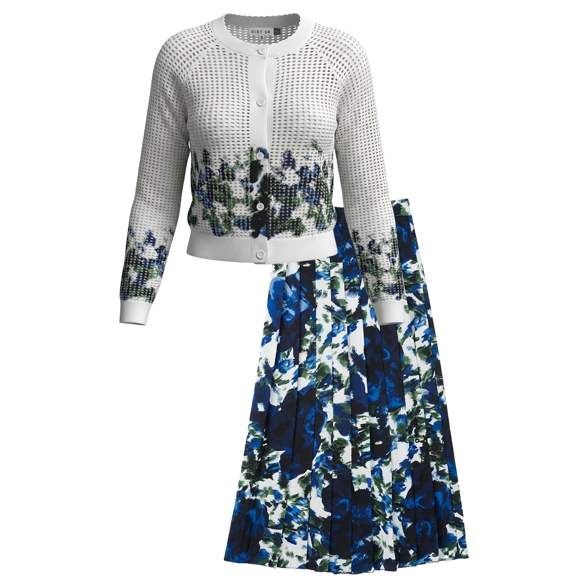 Maxi Pleated Skirt Printed Crochet Cardi Set in Off White Blue Print by Birt UK