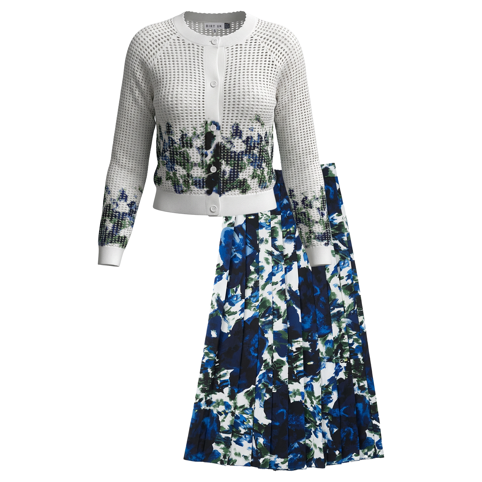 Maxi Pleated Skirt Printed Crochet Cardi Set in Off White Blue Print by Birt UK