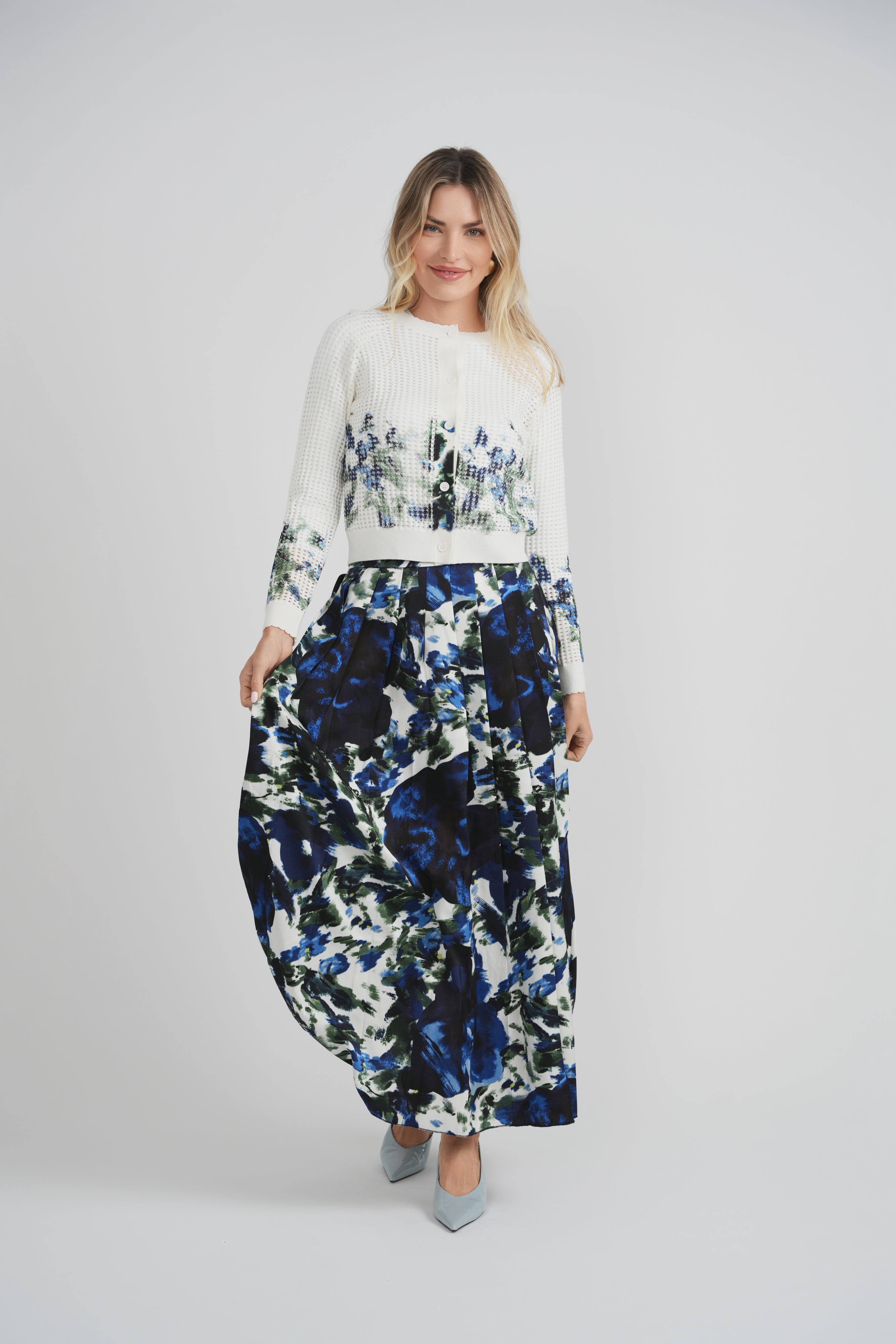 Maxi Pleated Skirt Printed Crochet Cardi Set in by Birt UK