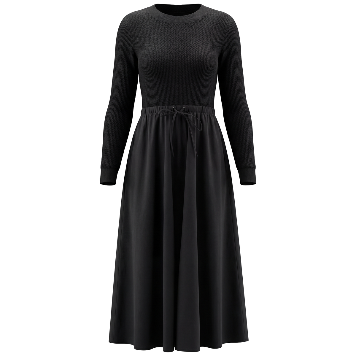 Textured Knit Cotton Full Dress in Black by Midi