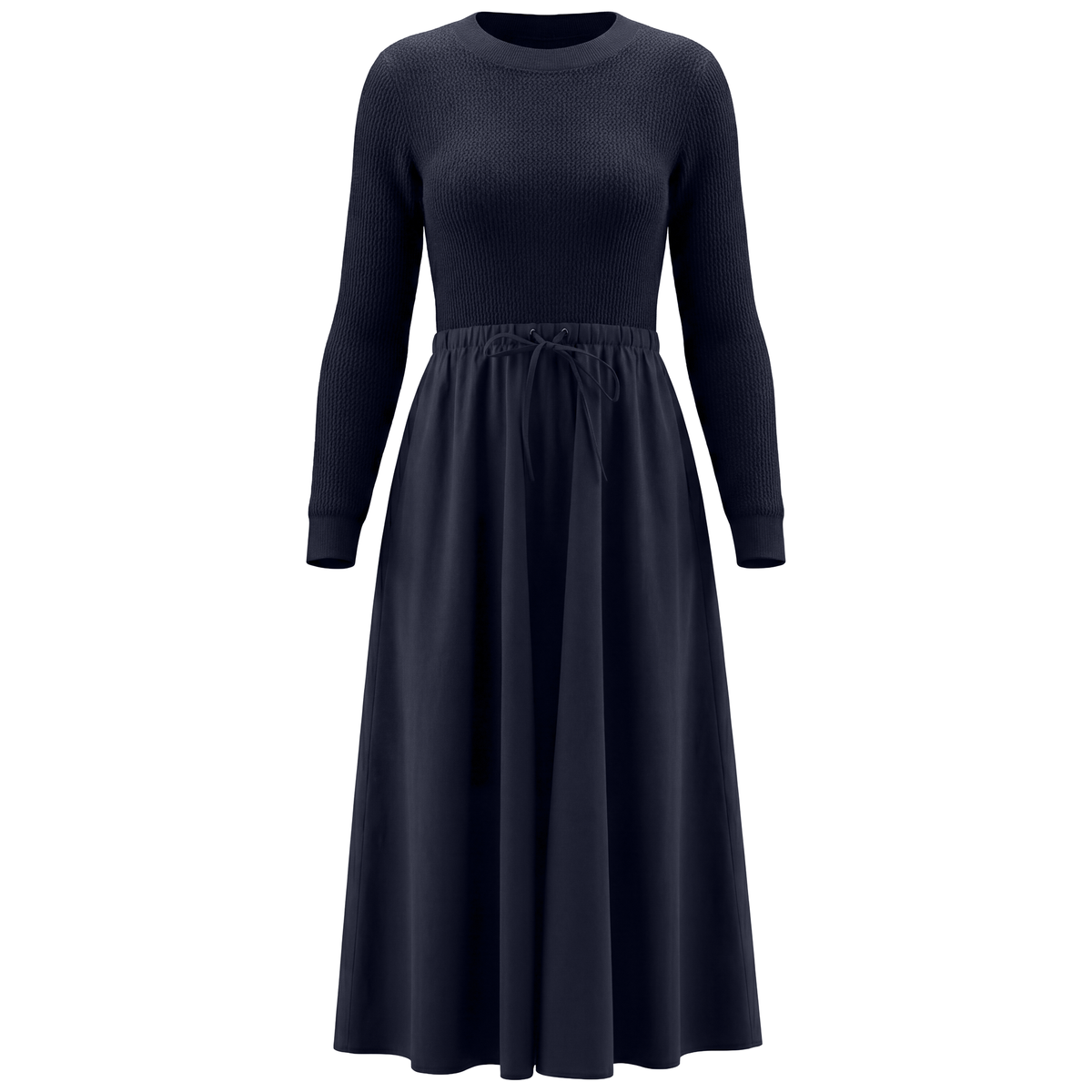 Textured Knit Cotton Full Dress in Dark Navy by Midi