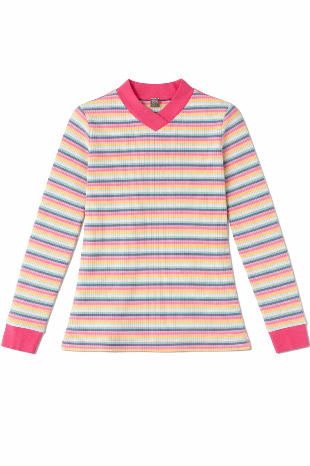 Striped V Neck Contrast Tee in Bold Pink by Positive