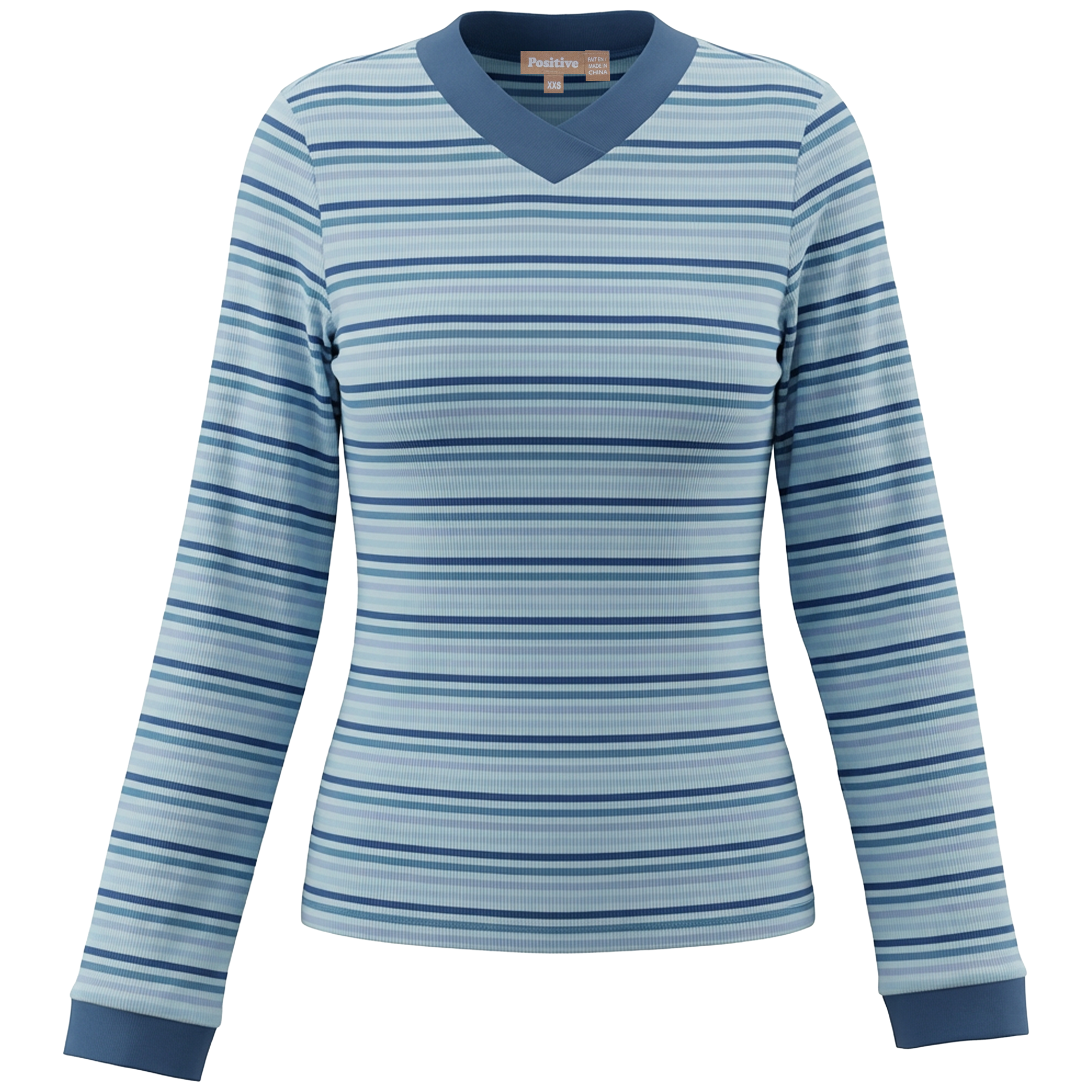 Striped V Neck Contrast Tee in Chambray by Positive